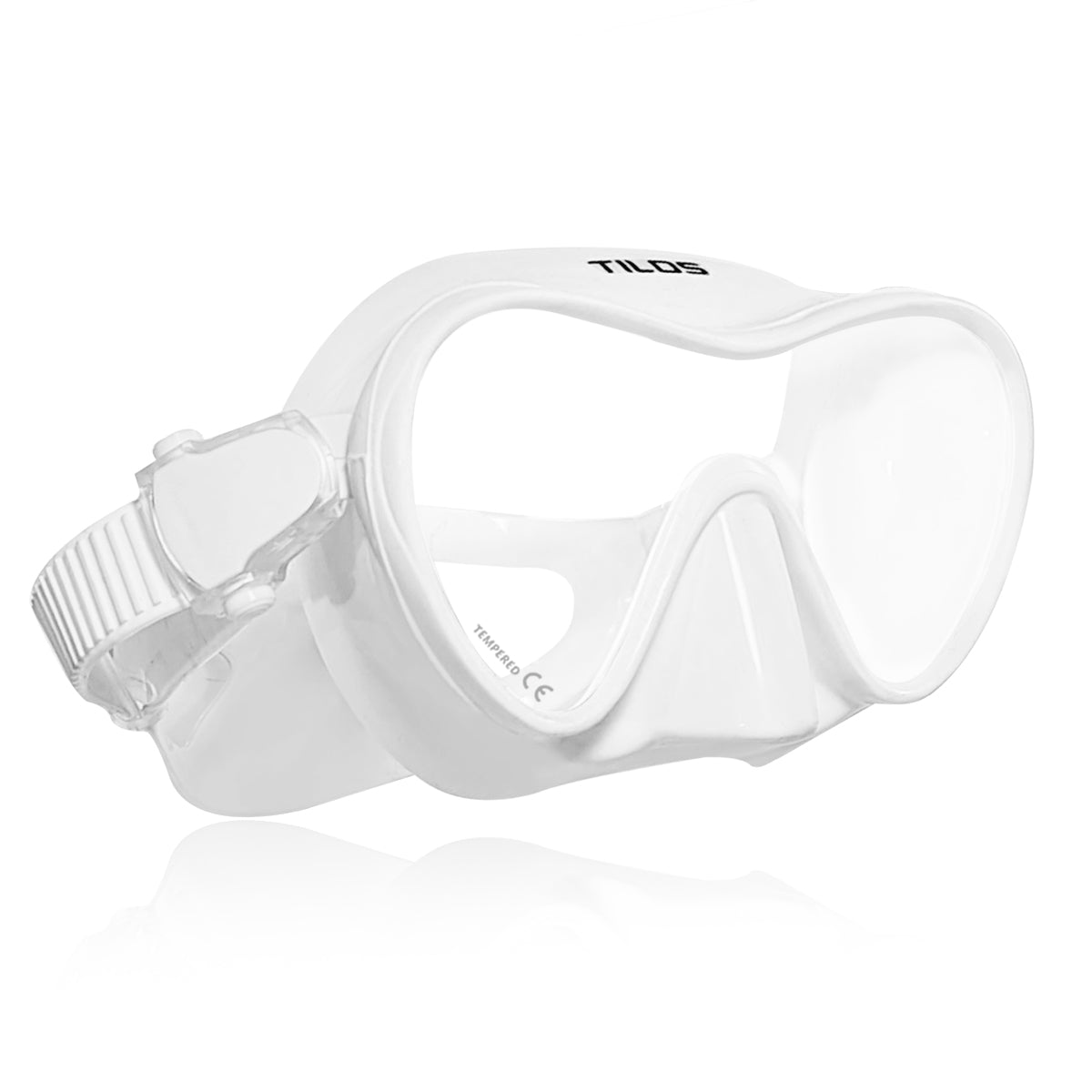 Tilos CoveOps Frameless Mask in white — front view showing lens and silicone skirt