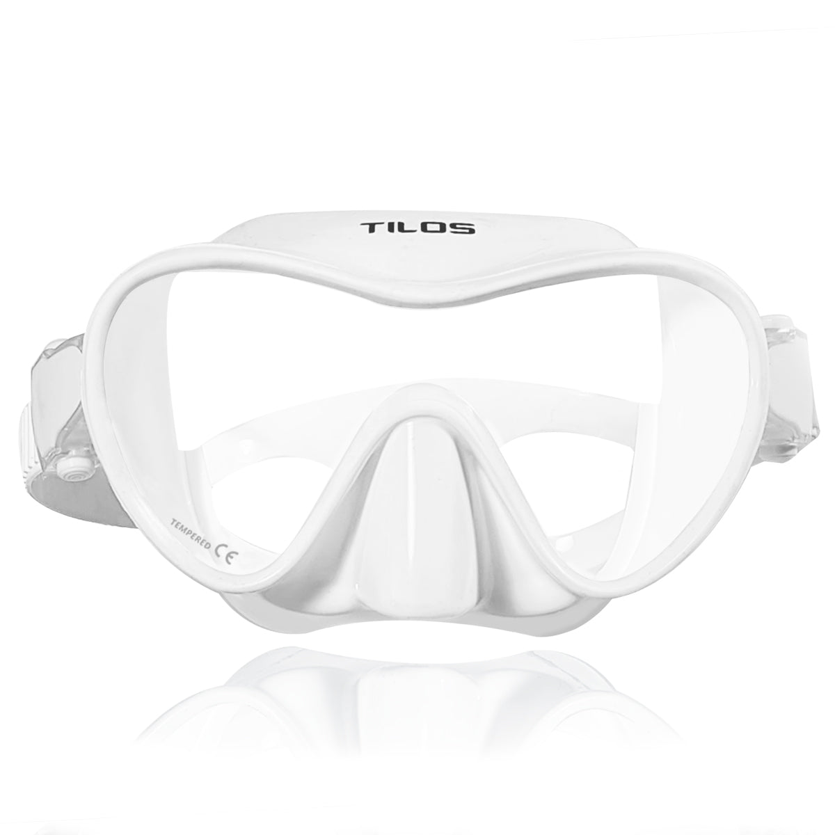 Tilos CoveOps Frameless Mask in white — front view showing lens and silicone skirt