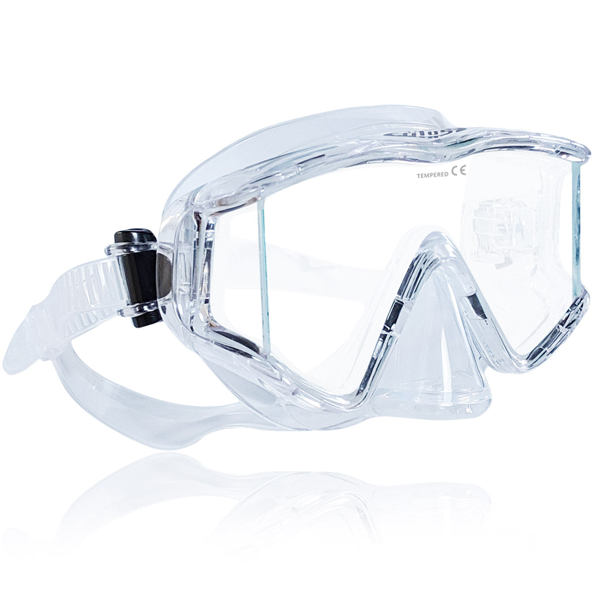Tilos Single Lens Panoramic SG Mask in clear — front view showing lens and silicone skirt