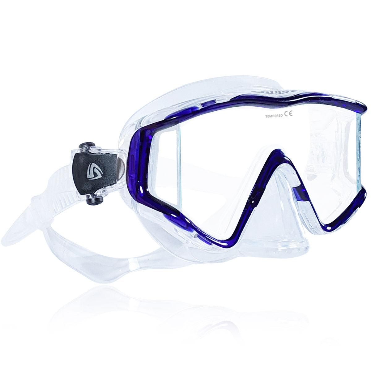 Tilos Single Lens Panoramic SG Mask in teal blue — front view showing lens and silicone skirt