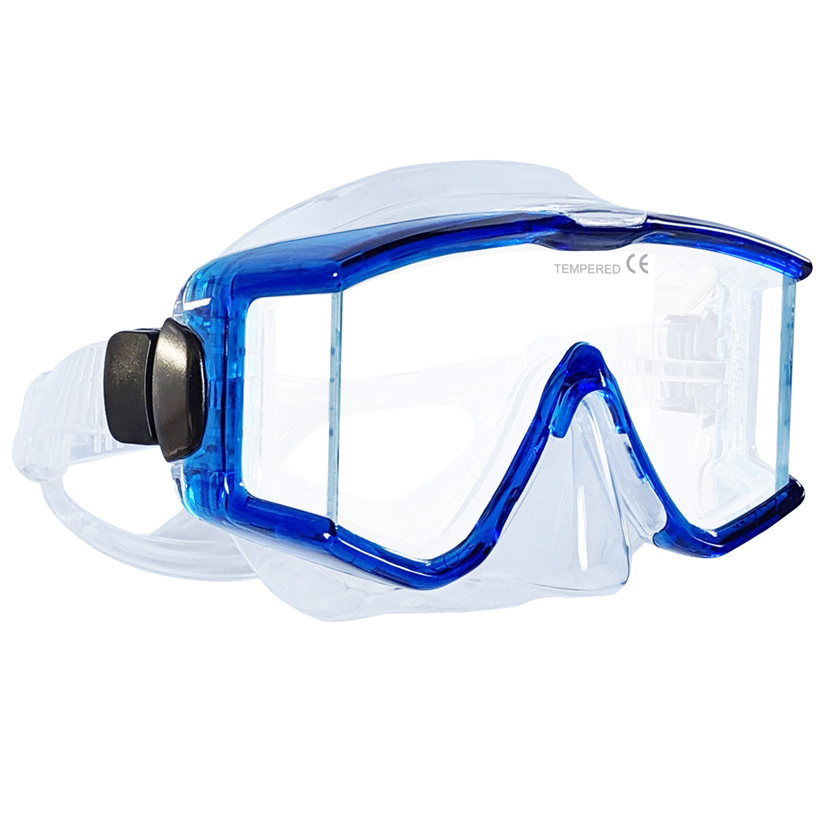 Tilos Single Lens Panoramic Mask in teal blue — front view showing lens and silicone skirt