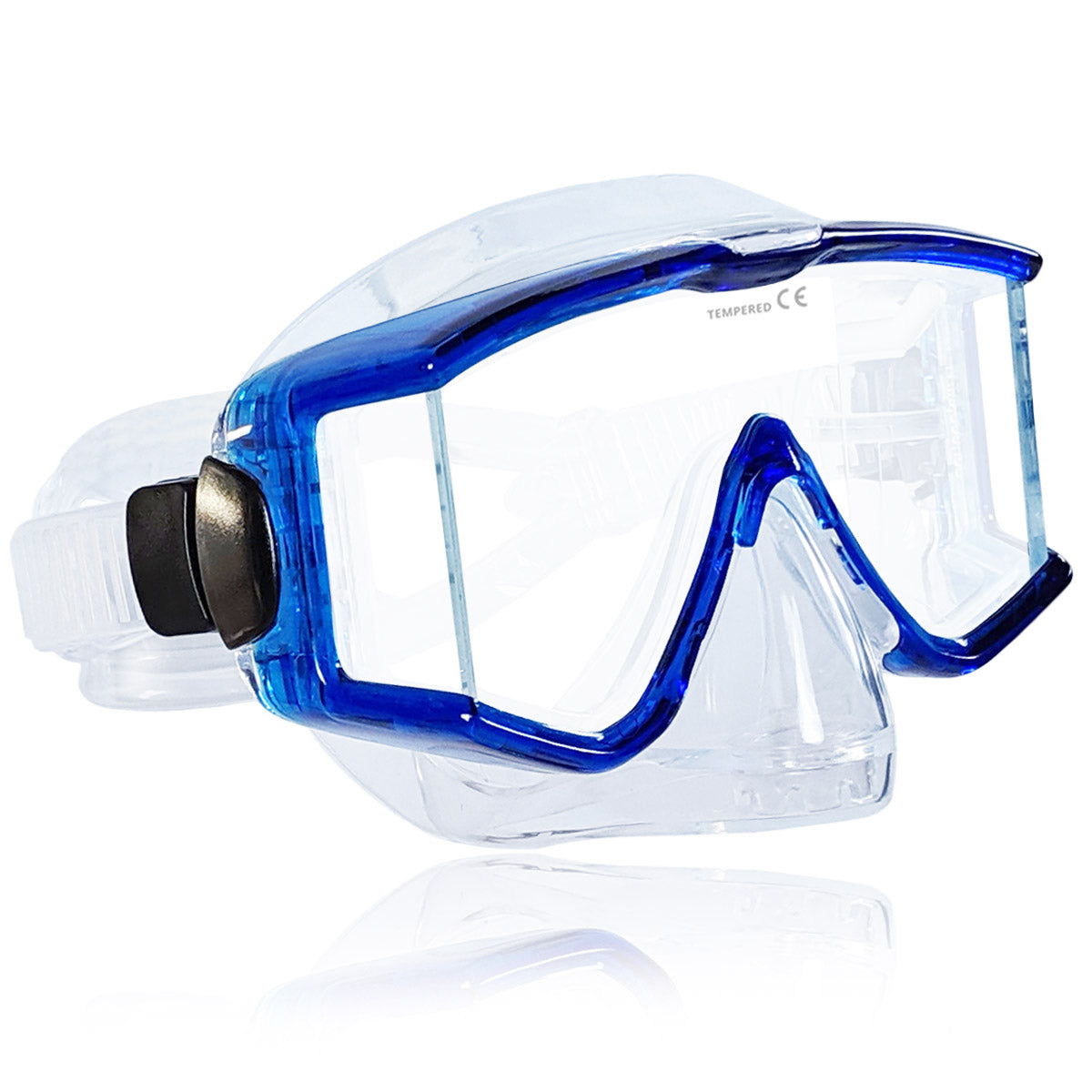 Tilos Single Lens Panoramic Mask in teal blue — front view showing lens and silicone skirt