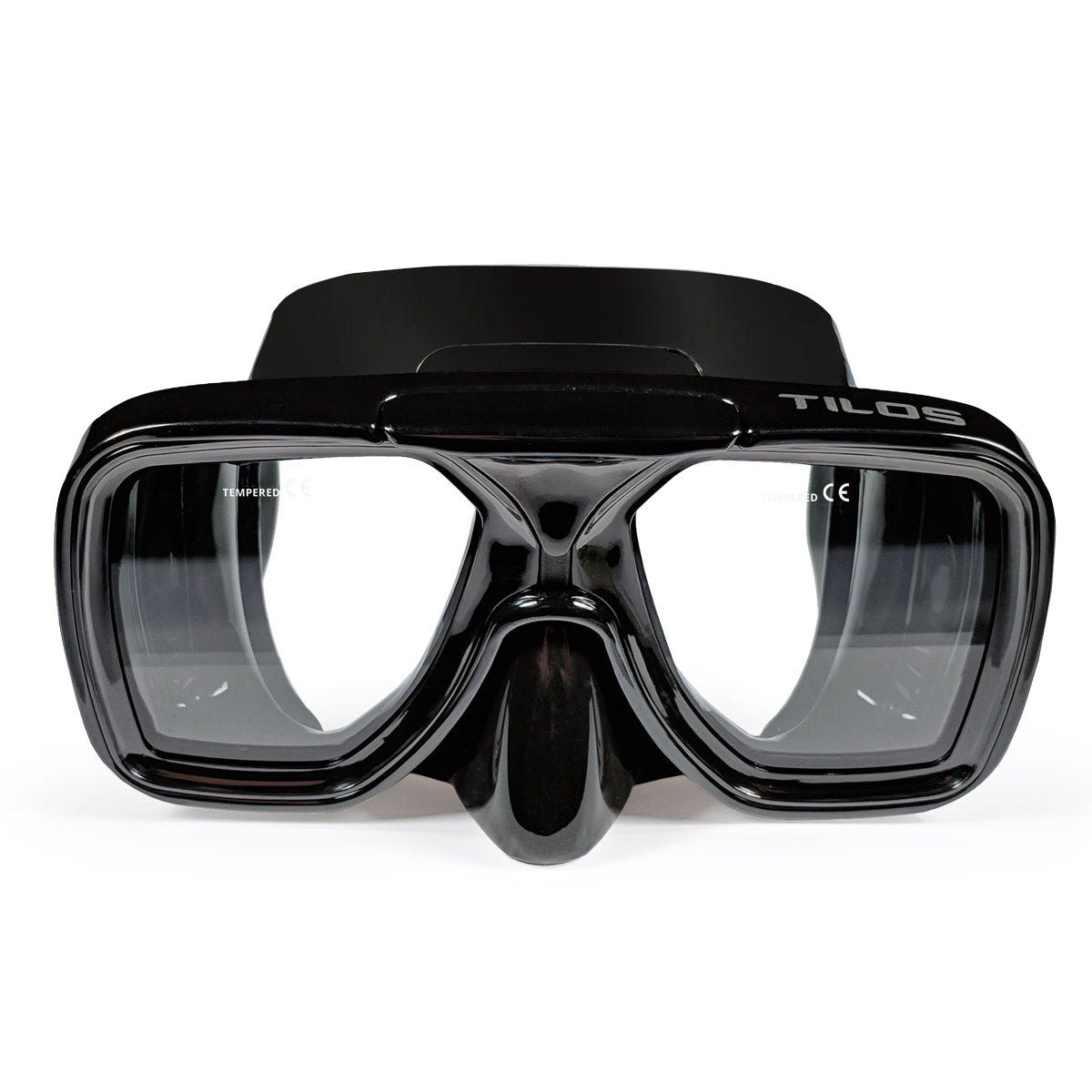 Tilos Universal Plus Dive Mask in black — front view showing lens and silicone skirt