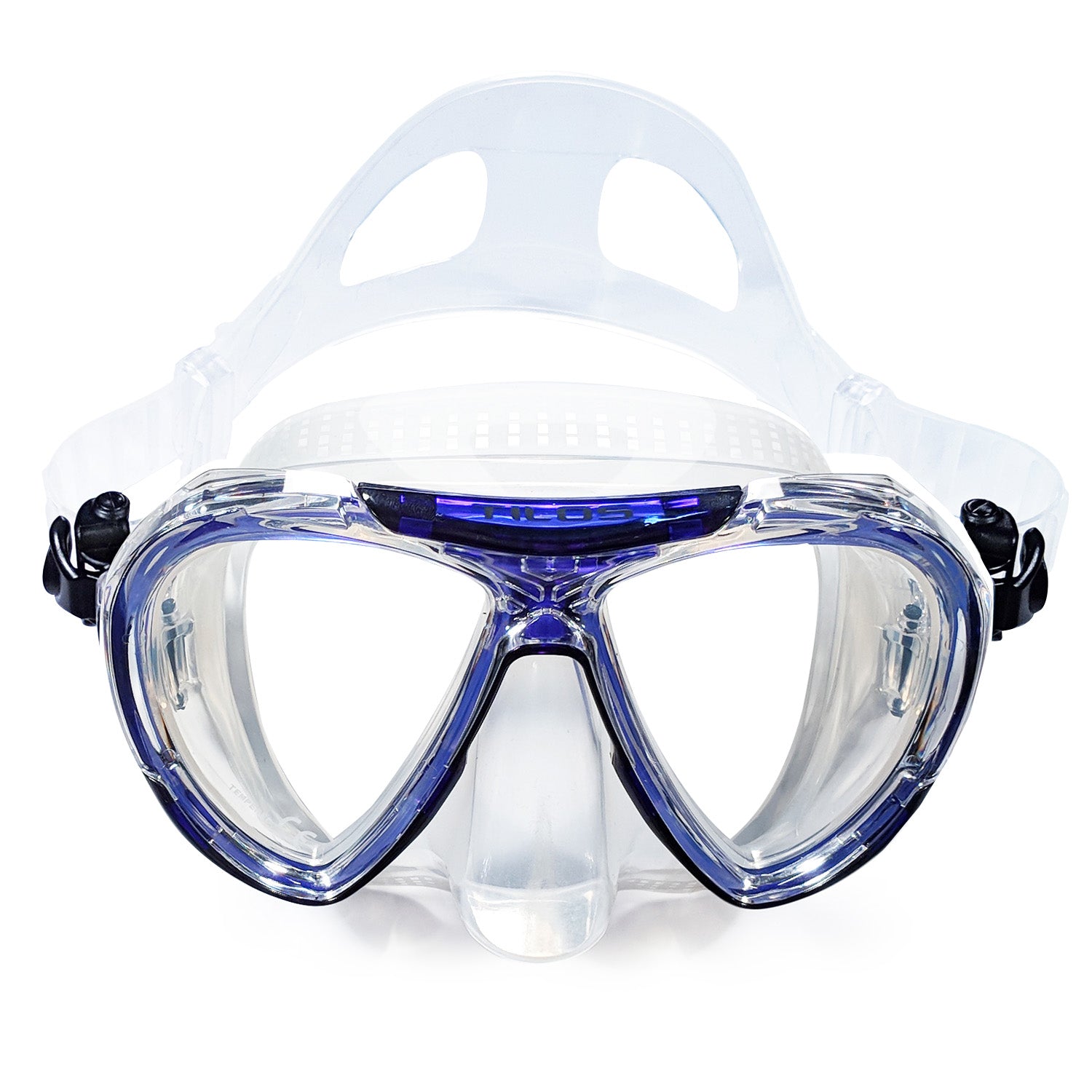 Tilos Revo Mask in teal blue — front view showing lens and silicone skirt