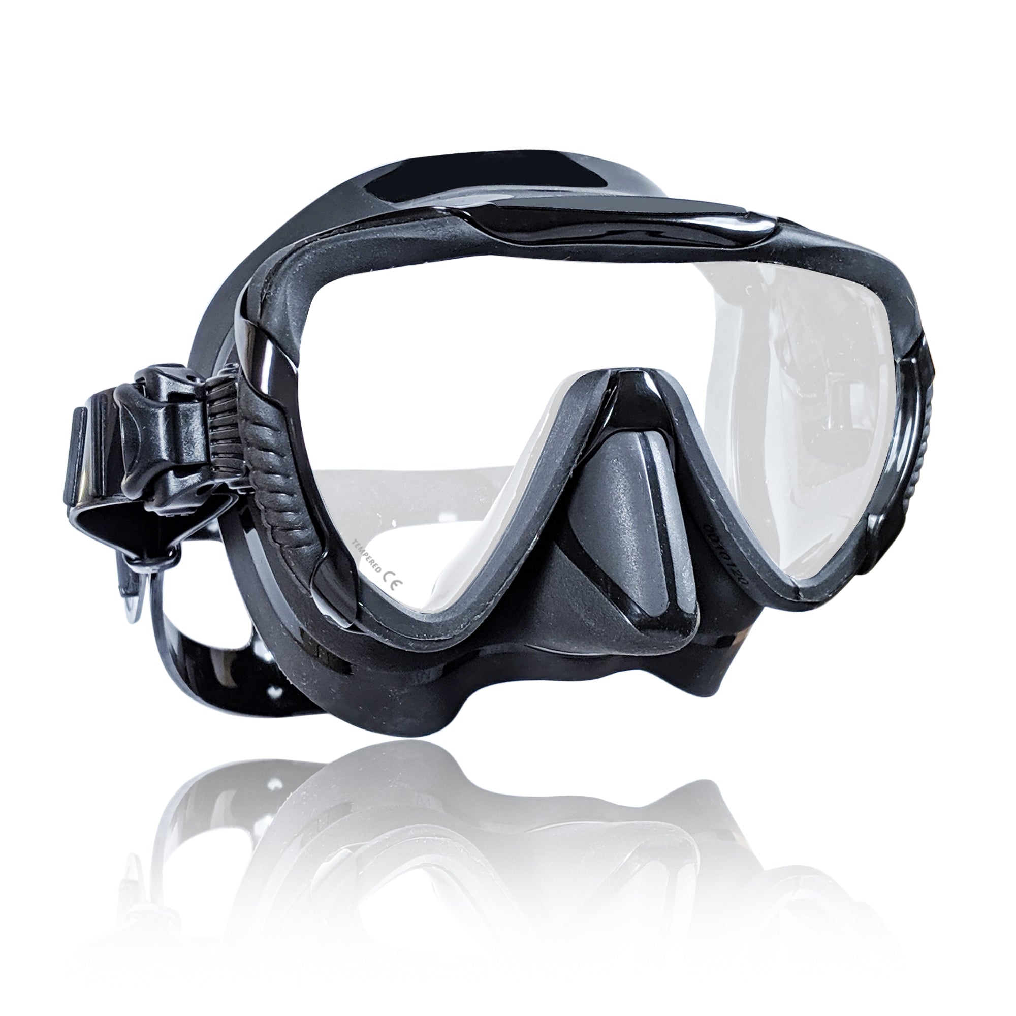 Tilos Morphi Single Lens Mask in black — front view showing lens and silicone skirt