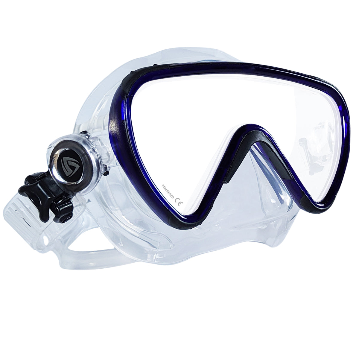 Tilos Versa Single Lens Dive Mask in blue — front view showing lens and silicone skirt