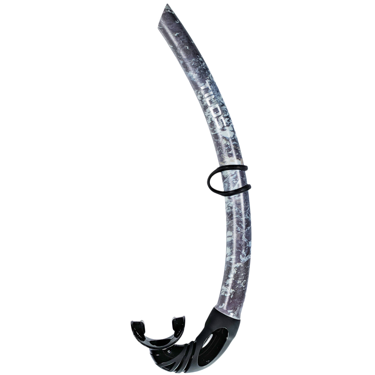Tilos Spawn Camo Open-Top Snorkel in black — side profile showing skirt and strap