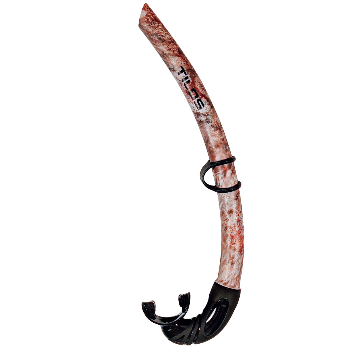 Tilos Spawn Camo Open-Top Snorkel — side profile showing skirt and strap