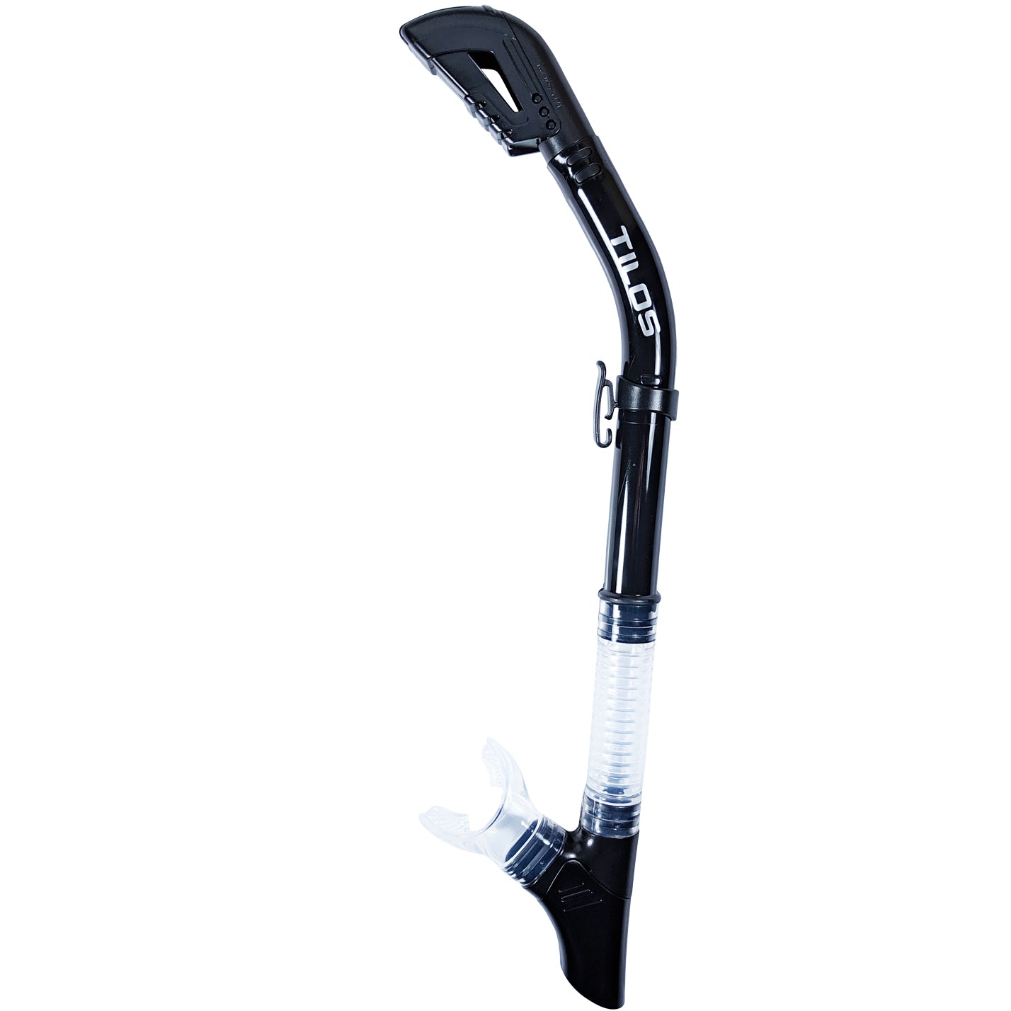 Tilos 100% Dry Snorkel in black — full snorkel showing dry top valve and mouthpiece