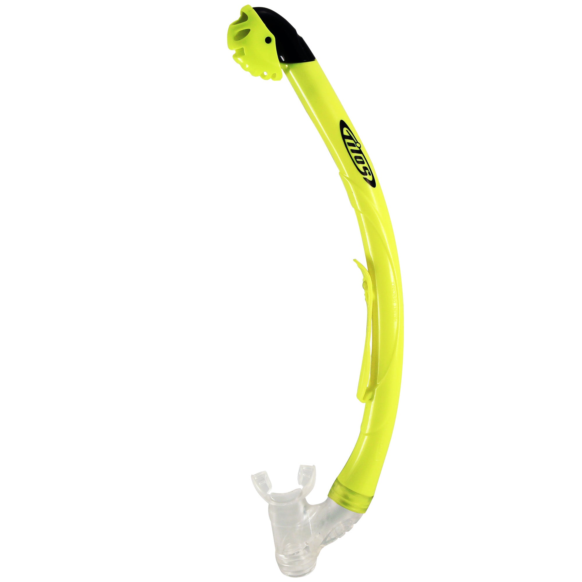Tilos Oracle Dry Snorkel in yellow — full snorkel showing dry top valve and mouthpiece