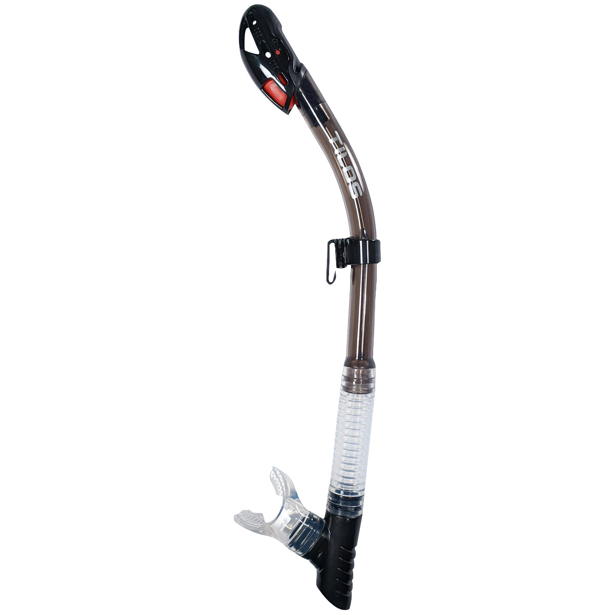 Tilos Ari Dry Snorkel in black — full snorkel showing dry top valve and mouthpiece