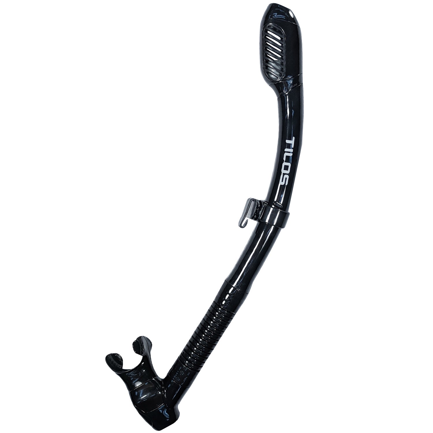 Tilos Diver Sleek Dry in black — full snorkel showing dry top valve and mouthpiece