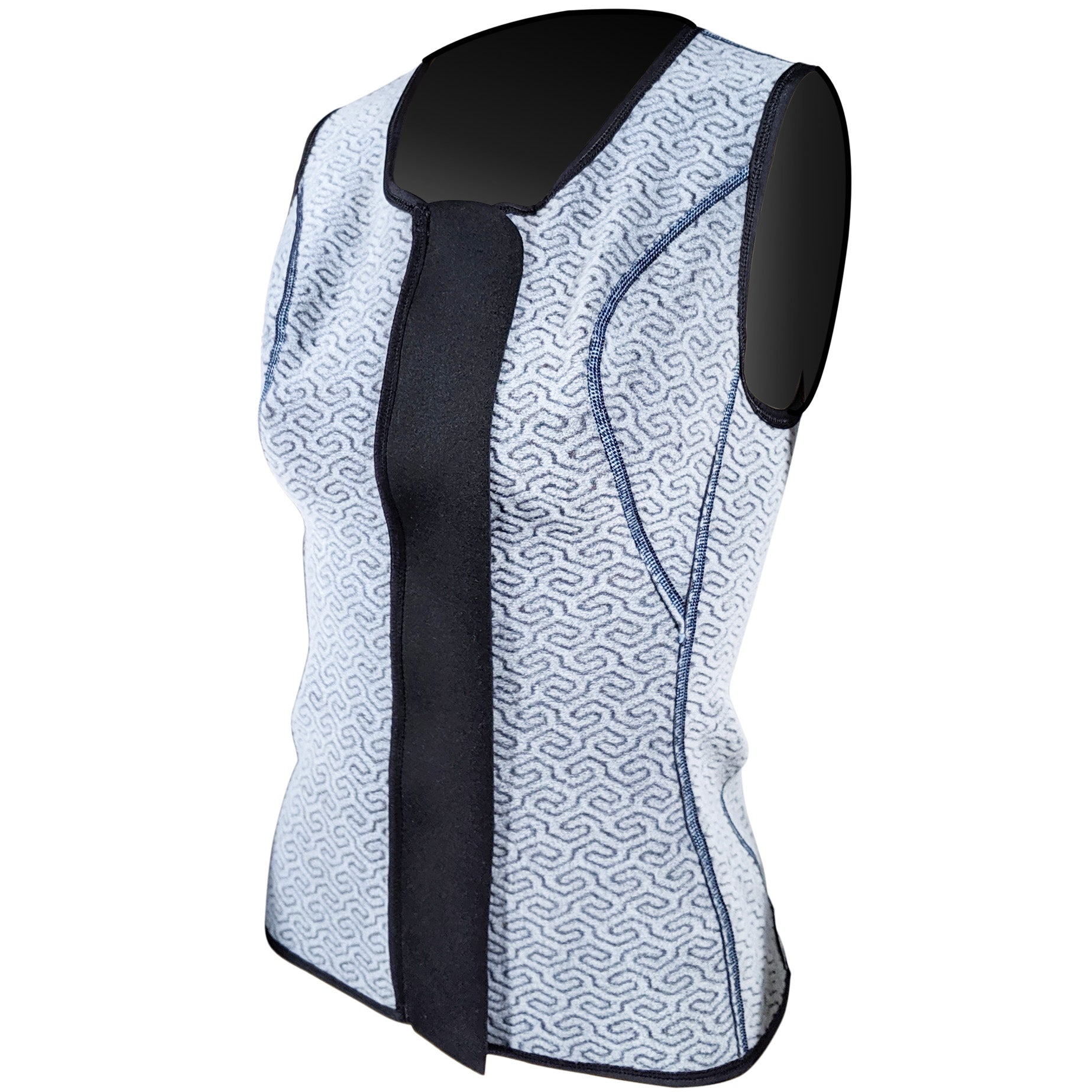 Interior view of the Tilos 1mm Ladies Thermoflare Zip Vest showing the patterned Thermoflare thermal lining and front zip placket