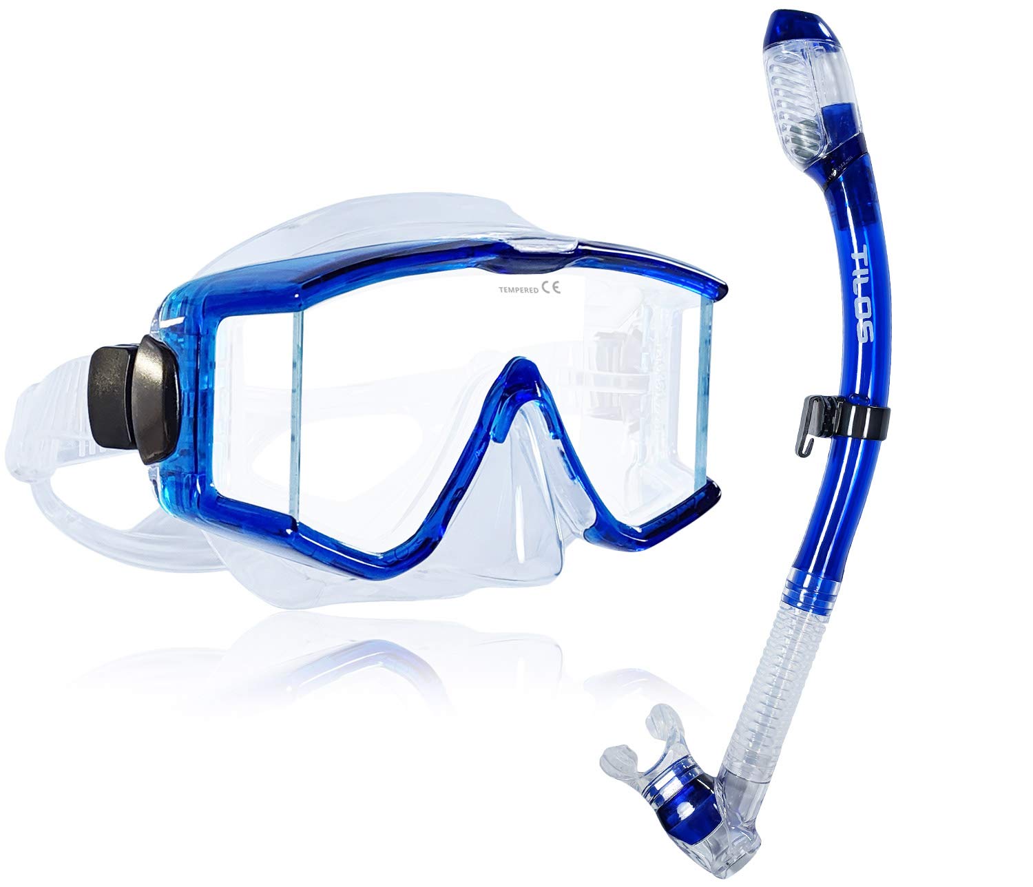 Snorkeler using the Tilos Panoramic Single Lens Wide View Mask Dry Snorkel Set set at the surface