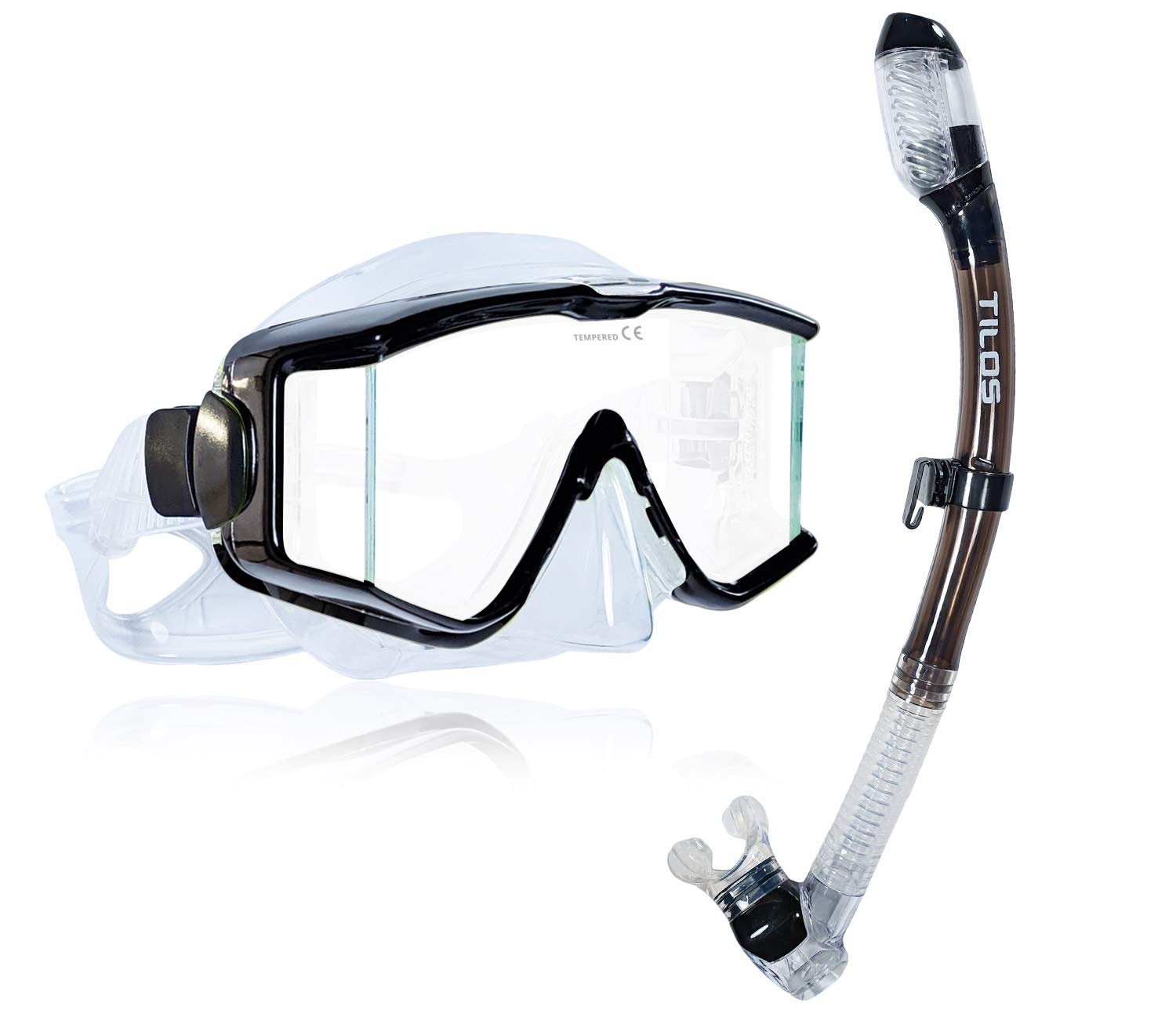 Snorkeler using the Tilos Panoramic Single Lens Wide View Mask Dry Snorkel Set set at the surface