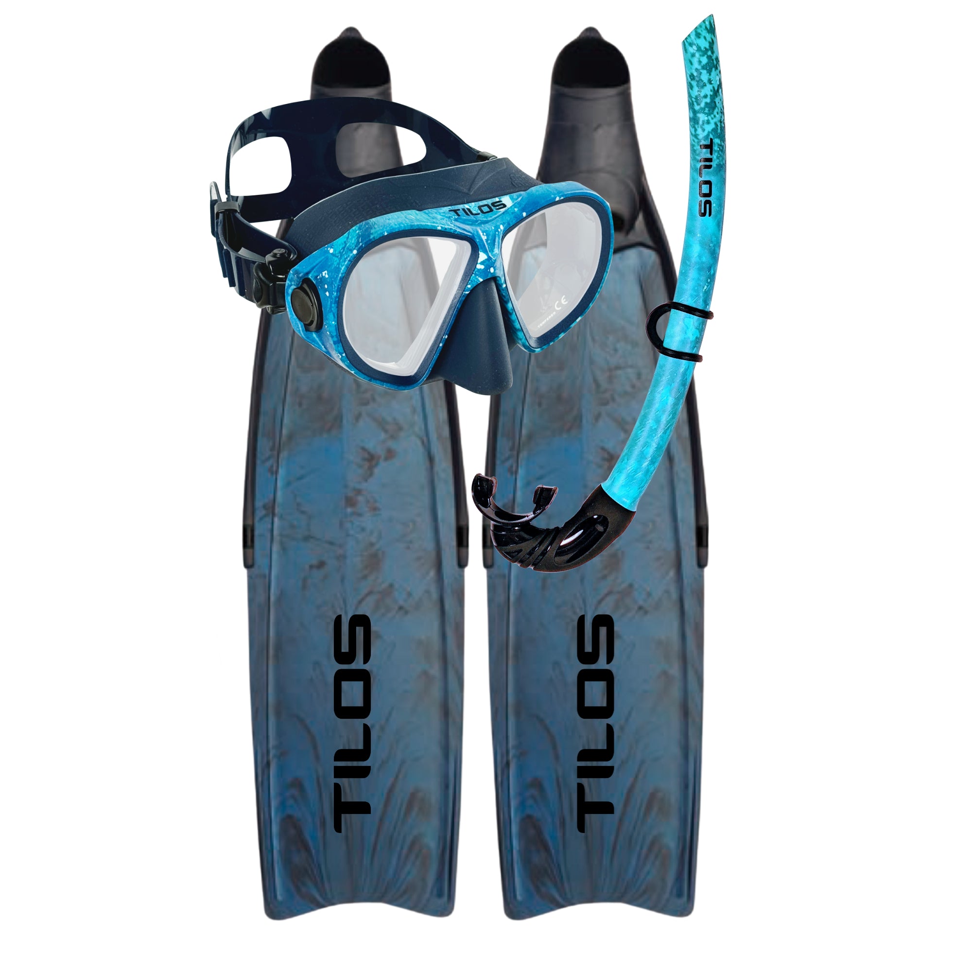 Tilos Aquastalk Mask, Spawn Semi-Dry Snorkel and Syryn Freediving Fins — set components detail view