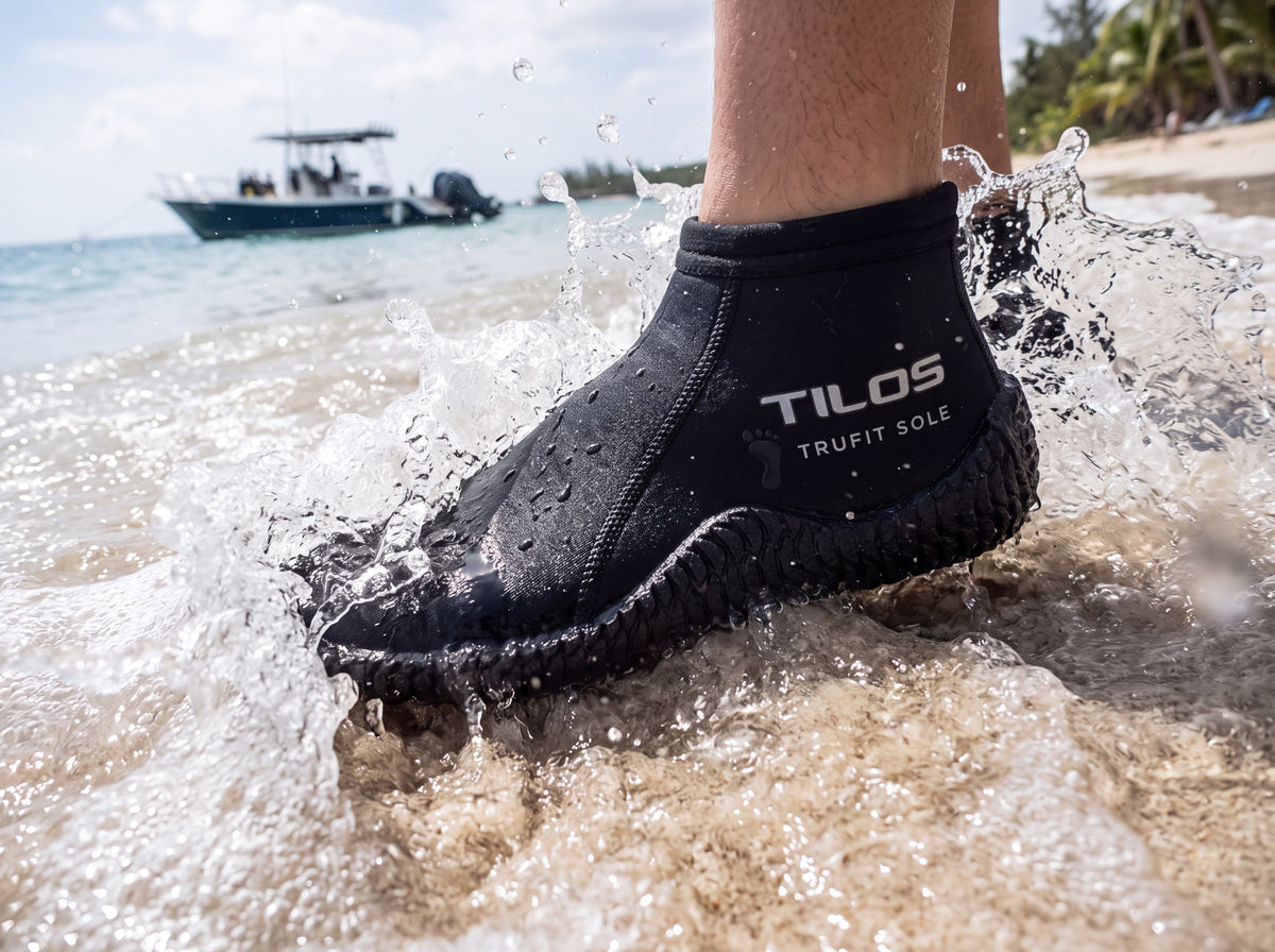 A diver wearing black Tilos 3mm low cut TruFit beach boots wades out through the shore break into the ocean at a tropical beach.