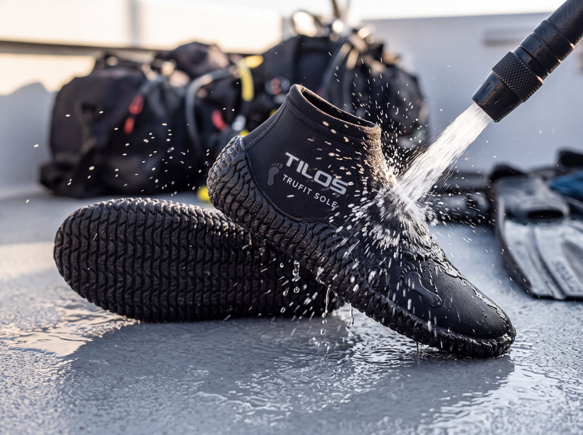 Lifestyle photo of black Tilos 3mm low cut TruFit beach boots being rinsed with a deck hose on a dive boat after a dive.