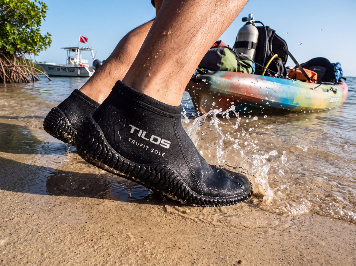 A diver wearing Tilos 3mm low cut TruFit beach boots pushes a loaded kayak off wet sand into shallow mangrove water.