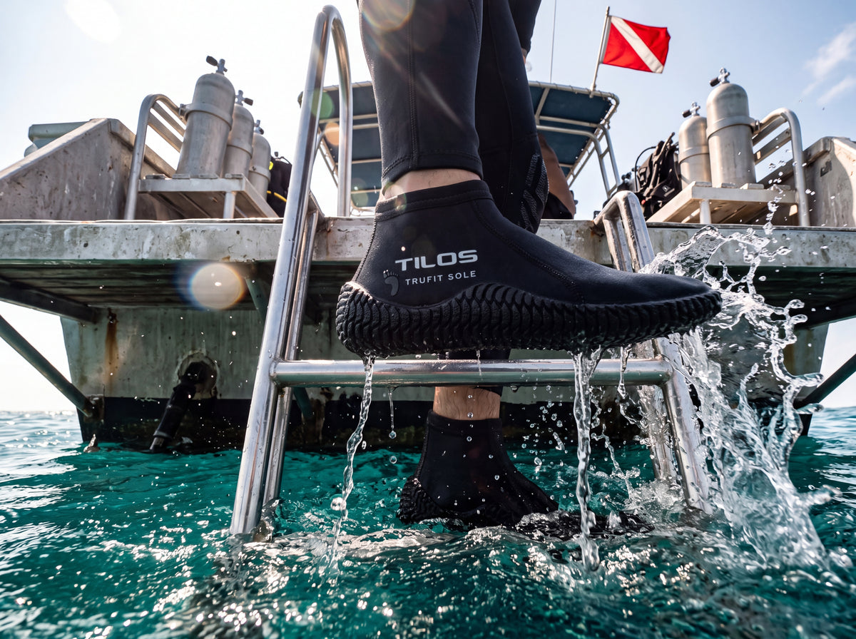 A diver wearing Tilos 3mm low cut TruFit beach boots steps up a dive boat ladder rung while climbing out of the water.