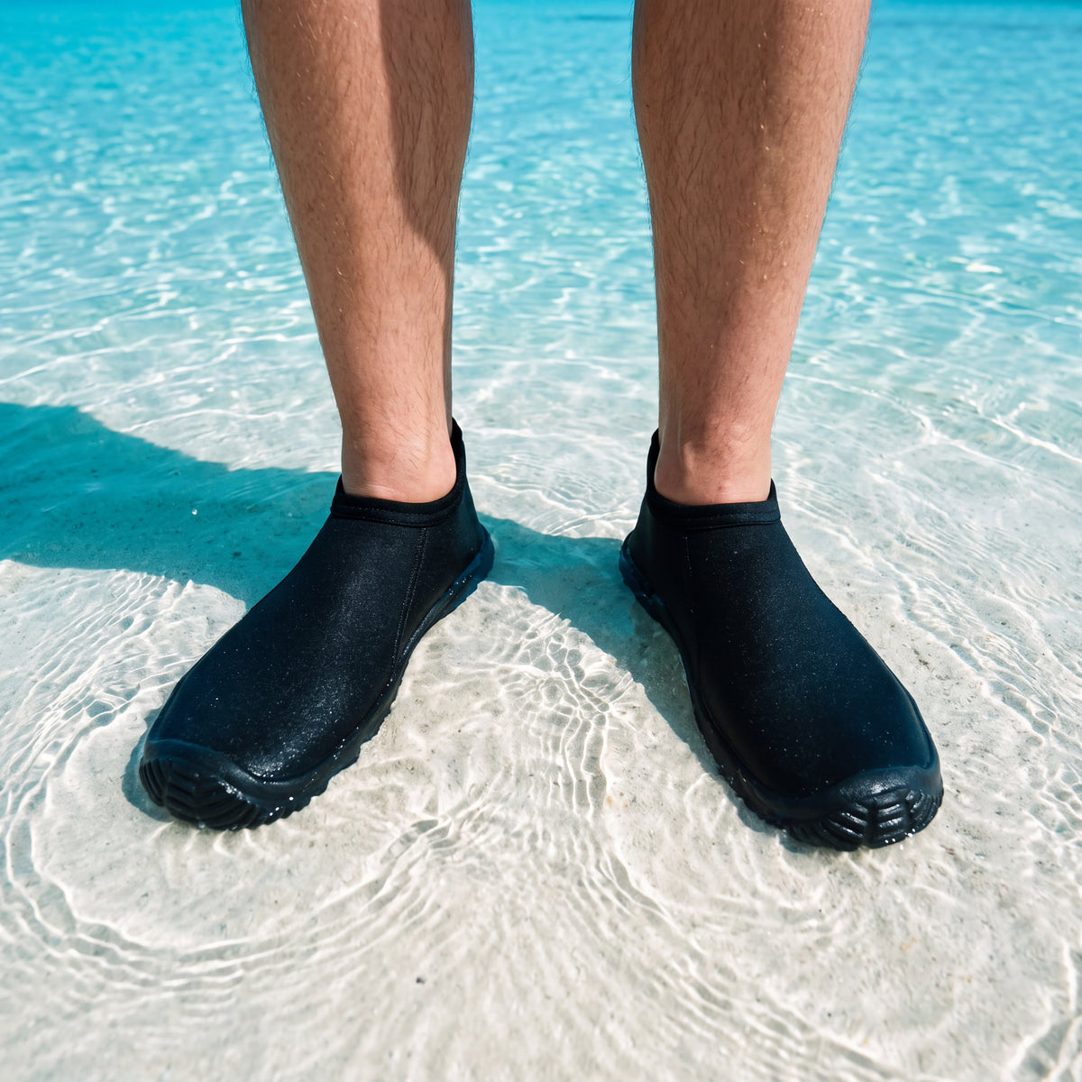 Person standing in clear shallow water on a white sandbar while wearing the black Tilos 3mm Low Cut Molded Vulcanized Sole Beach Boot