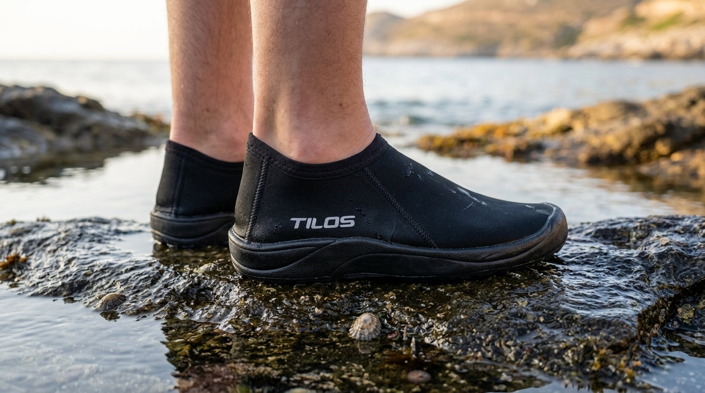 Diver wearing the Tilos 3mm Low Cut Molded Sole Beach Boot in the water at a rocky tidepool