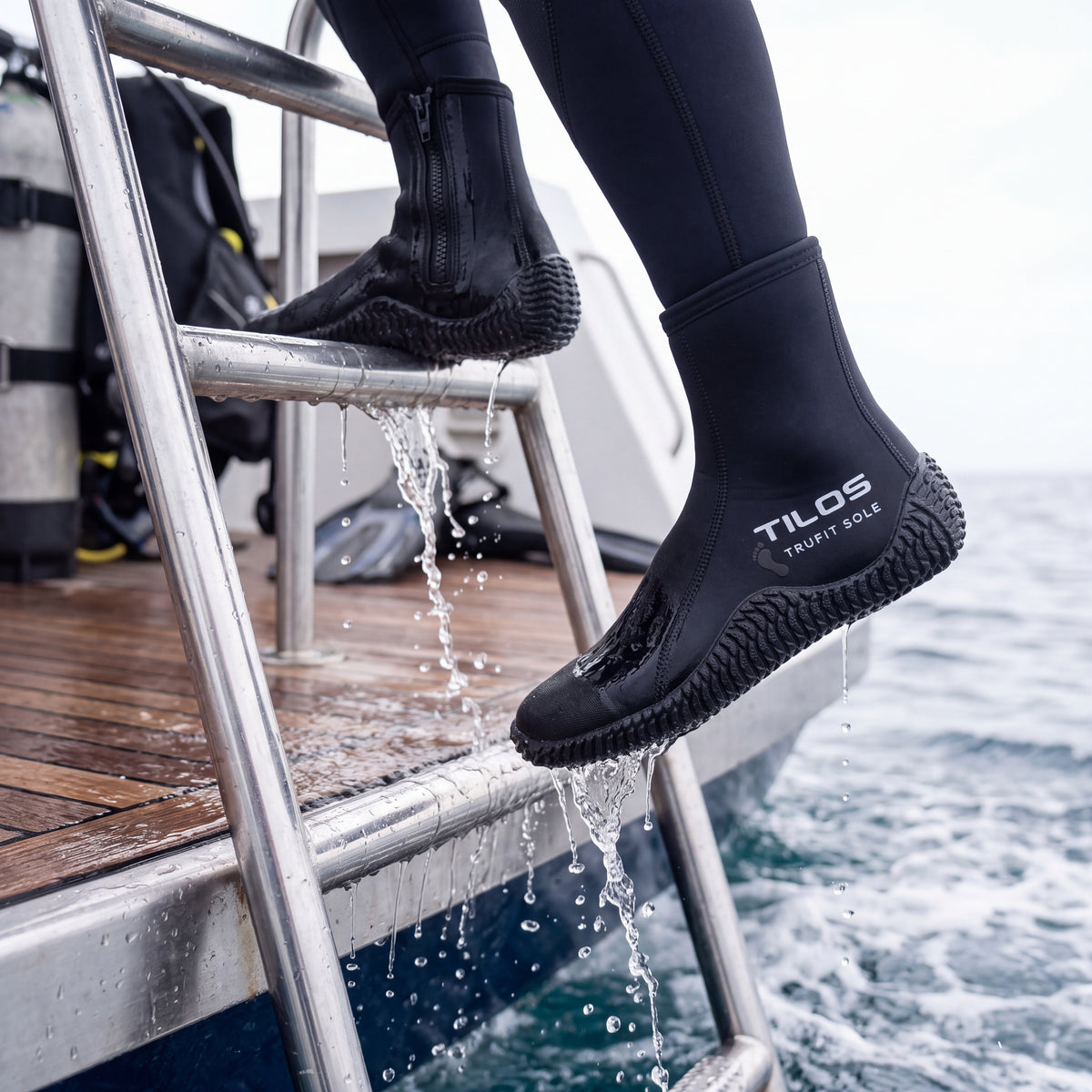 A diver wearing Tilos 5mm Titanium Zip Trufit boots climbs the stern ladder of a dive boat, seawater streaming off the scaled rubber soles.