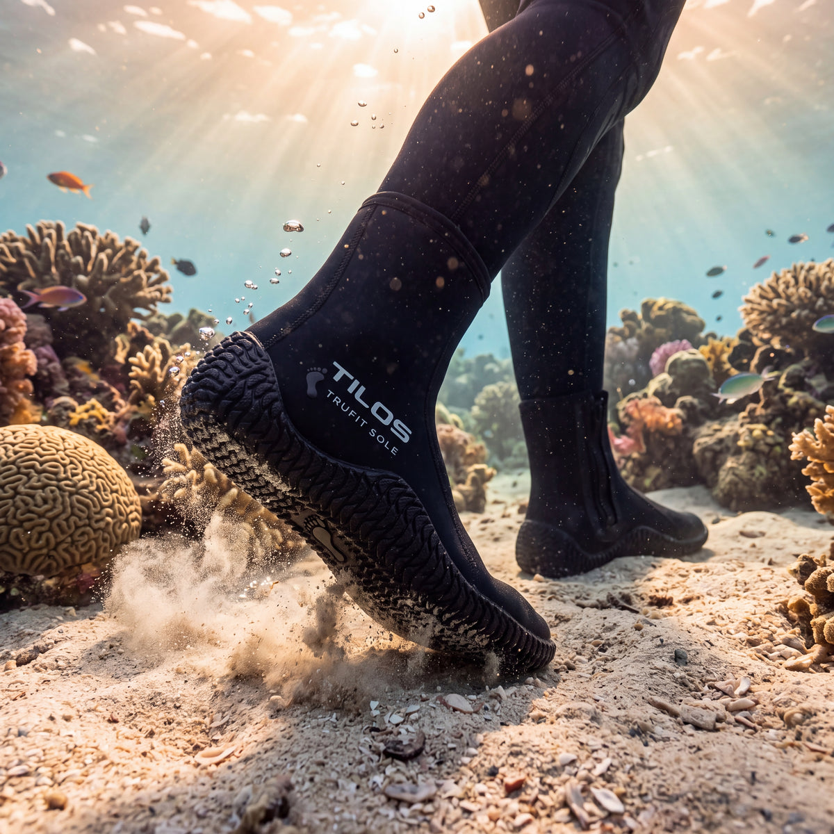 A diver wearing Tilos 5mm Titanium Zip Trufit boots pushes off a bare sand patch underwater beside a shallow coral reef, lifting a soft puff of sand.