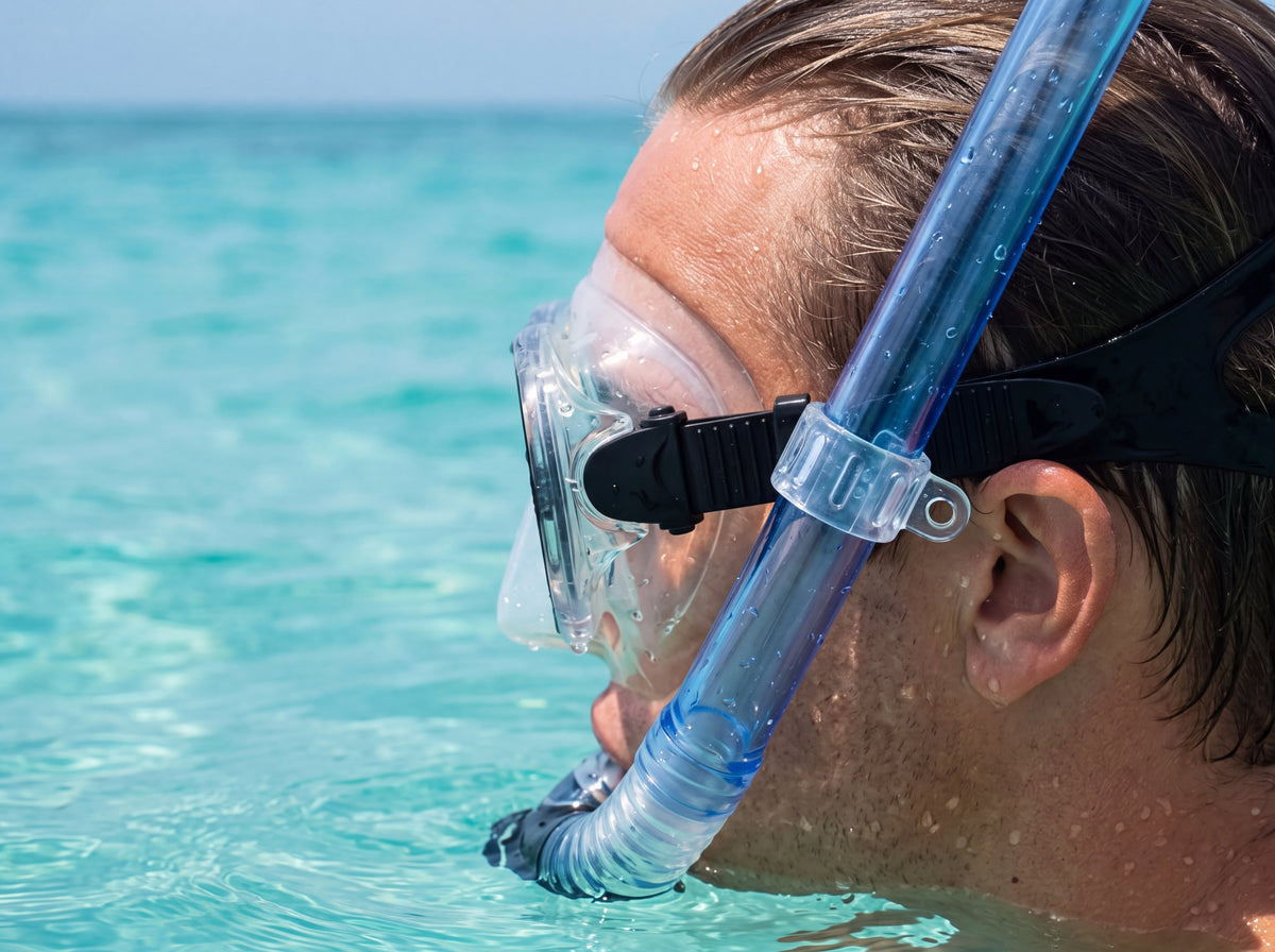 Close view of the clear Tilos silicone snorkel keeper holding a snorkel tube against the mask strap of a snorkeler in the water
