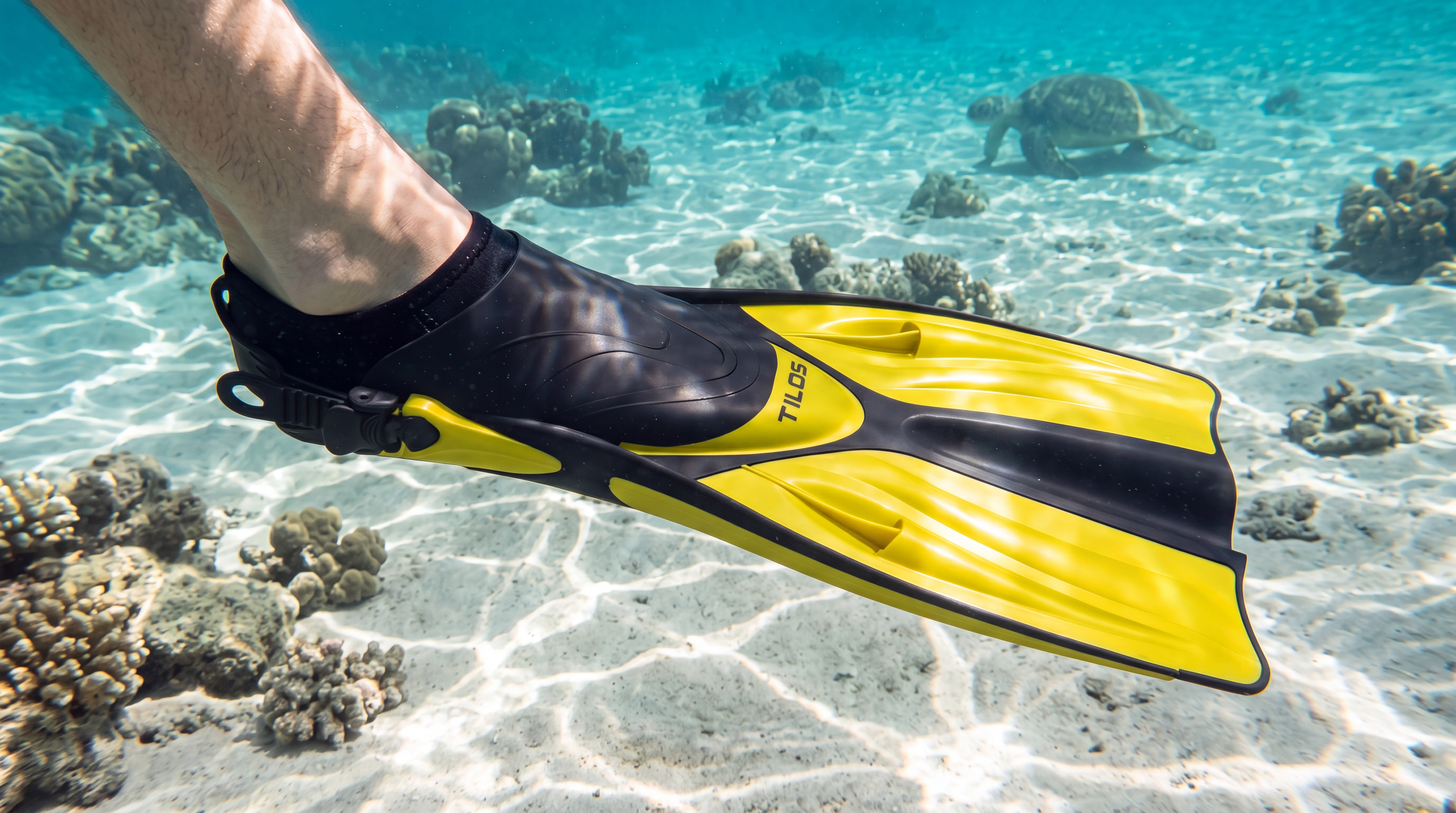 Tilos Getaway yellow open-heel snorkeling fin worn underwater over a reef
