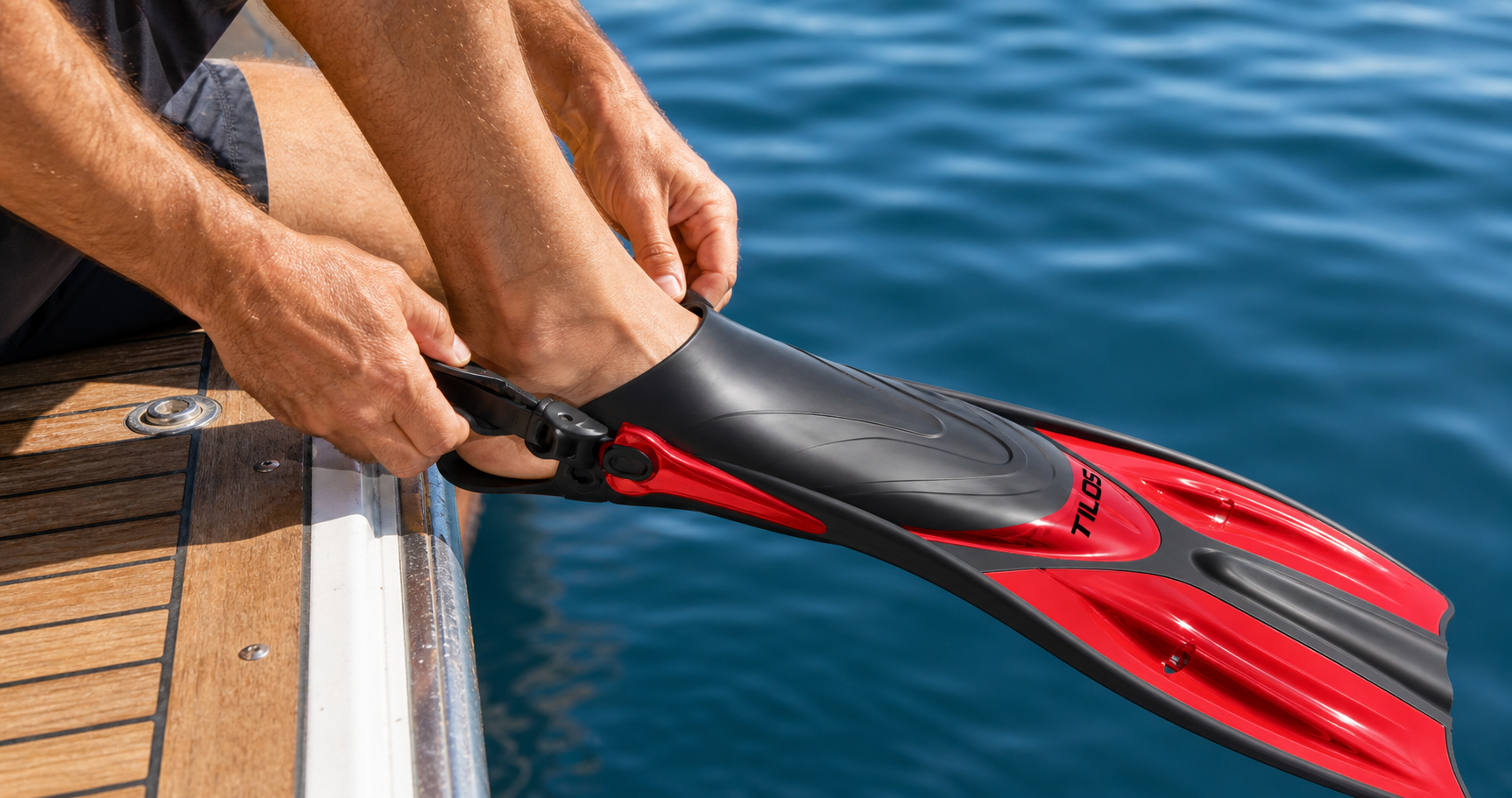 Hands adjusting the quick-release heel strap of a red Tilos Getaway open-heel fin