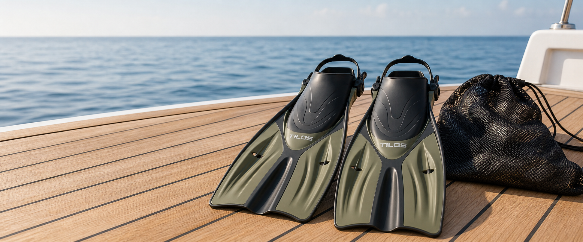 Two Tilos Getaway titanium open-heel travel fins with a mesh dive bag on a sunlit boat deck