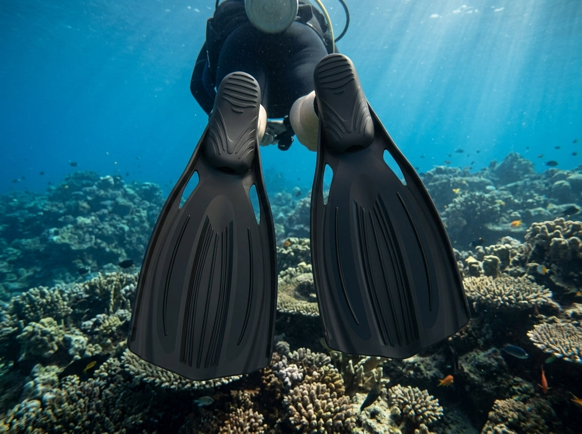 Diver swimming away underwater over a coral reef showing the soles of black Tilos Saber full foot fins