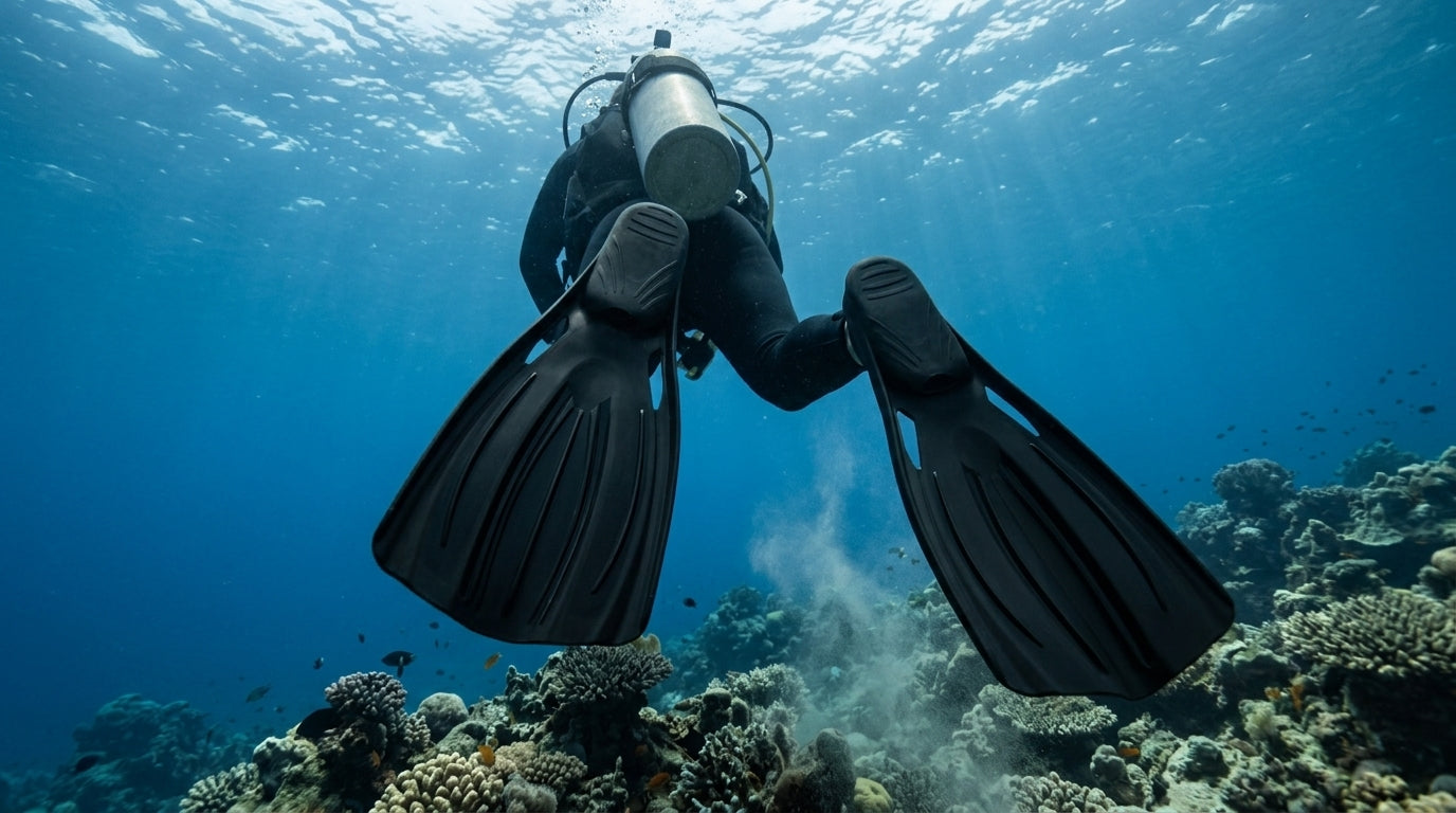 Diver descending over a coral reef underwater wearing black Tilos Saber full foot fins, sun rays above
