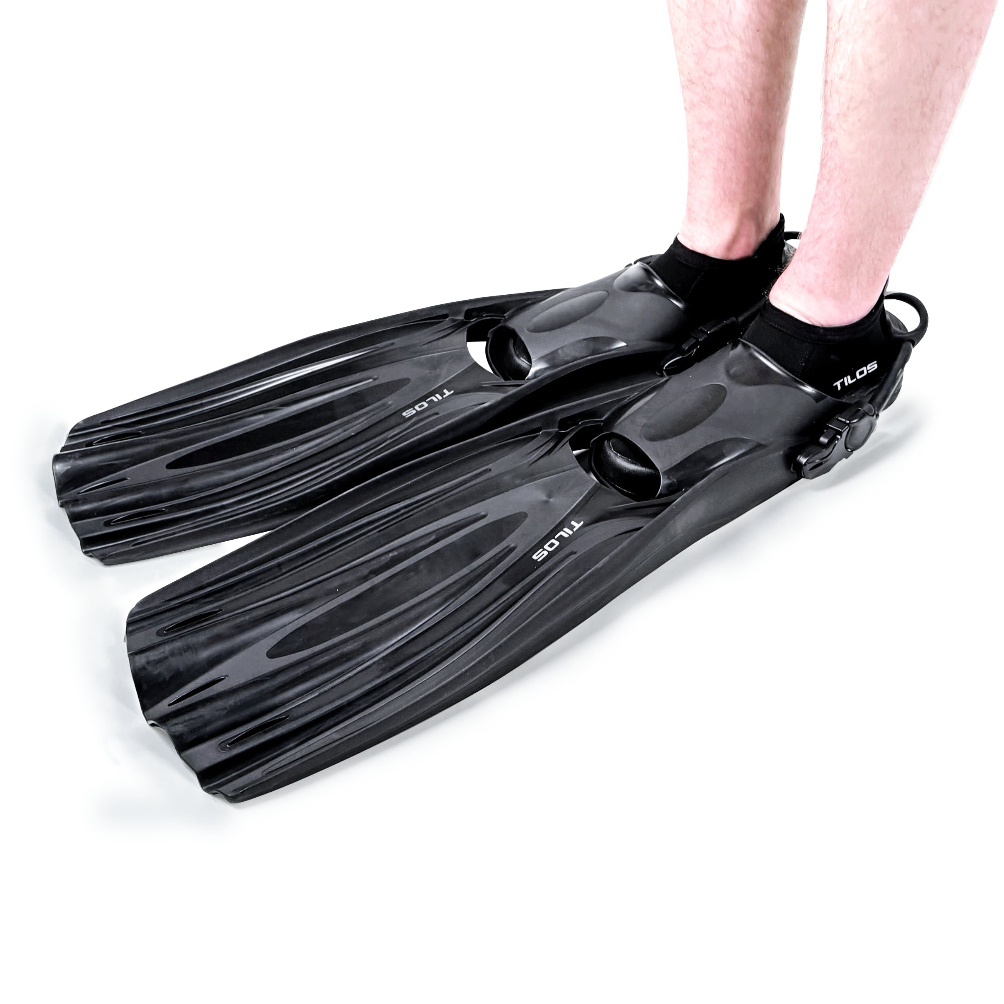Tilos Forager Open Heel Diving Fins in black — side view showing blade profile