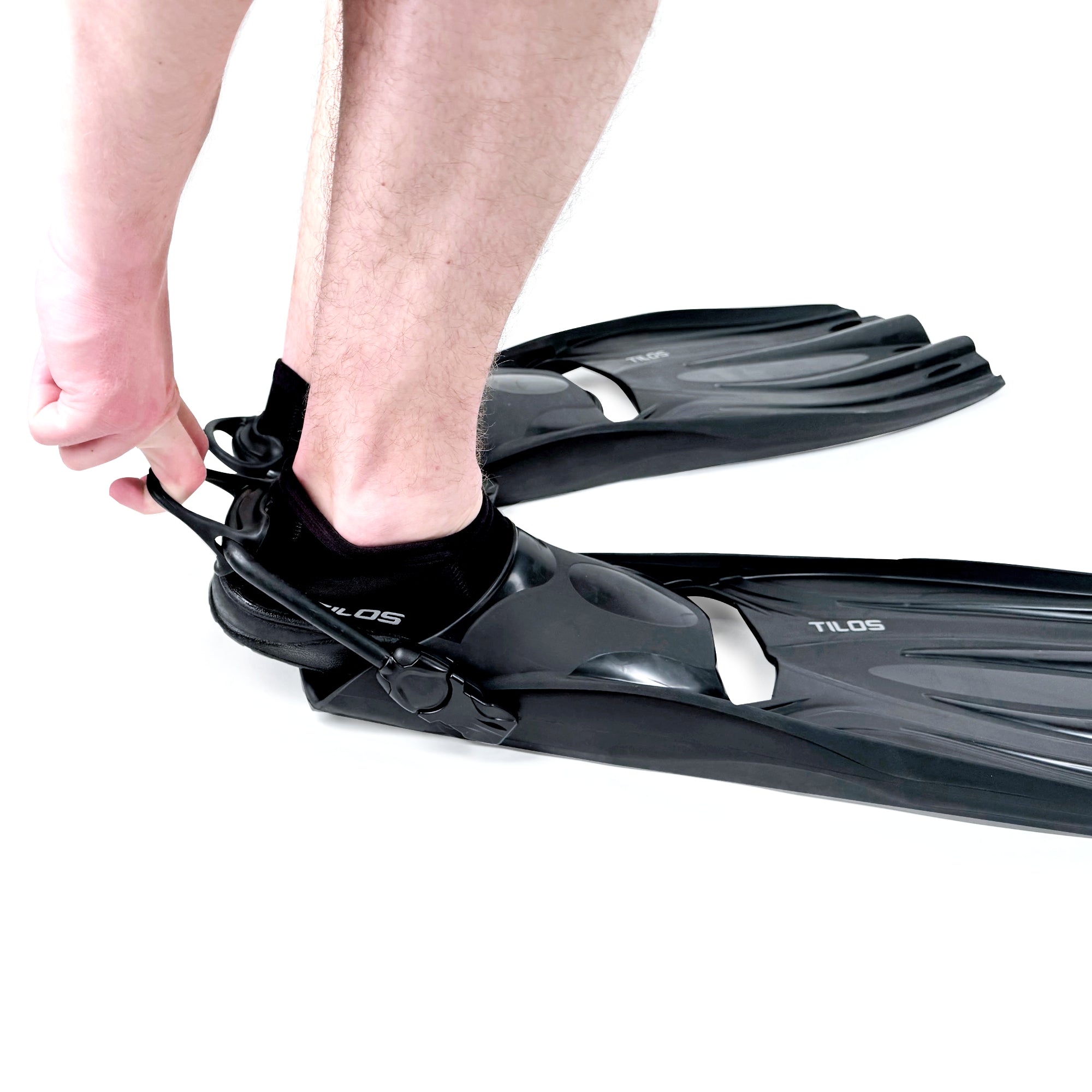 Tilos Forager Open Heel Diving Fins in black — side view showing blade profile