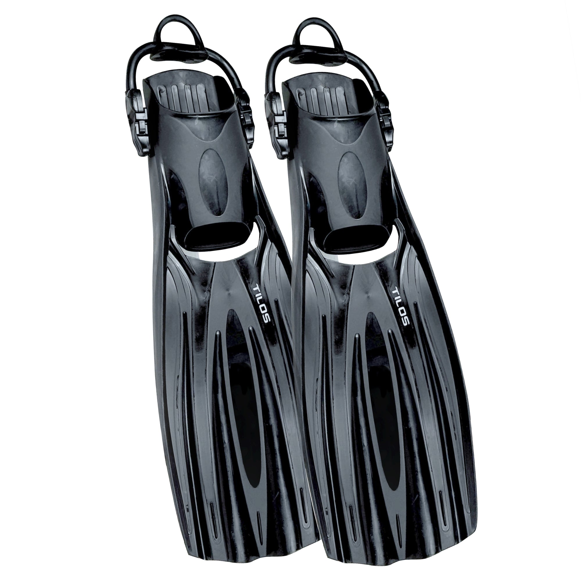 Tilos Forager Open Heel Diving Fins in black — open heel fin, front view showing blade and foot pocket
