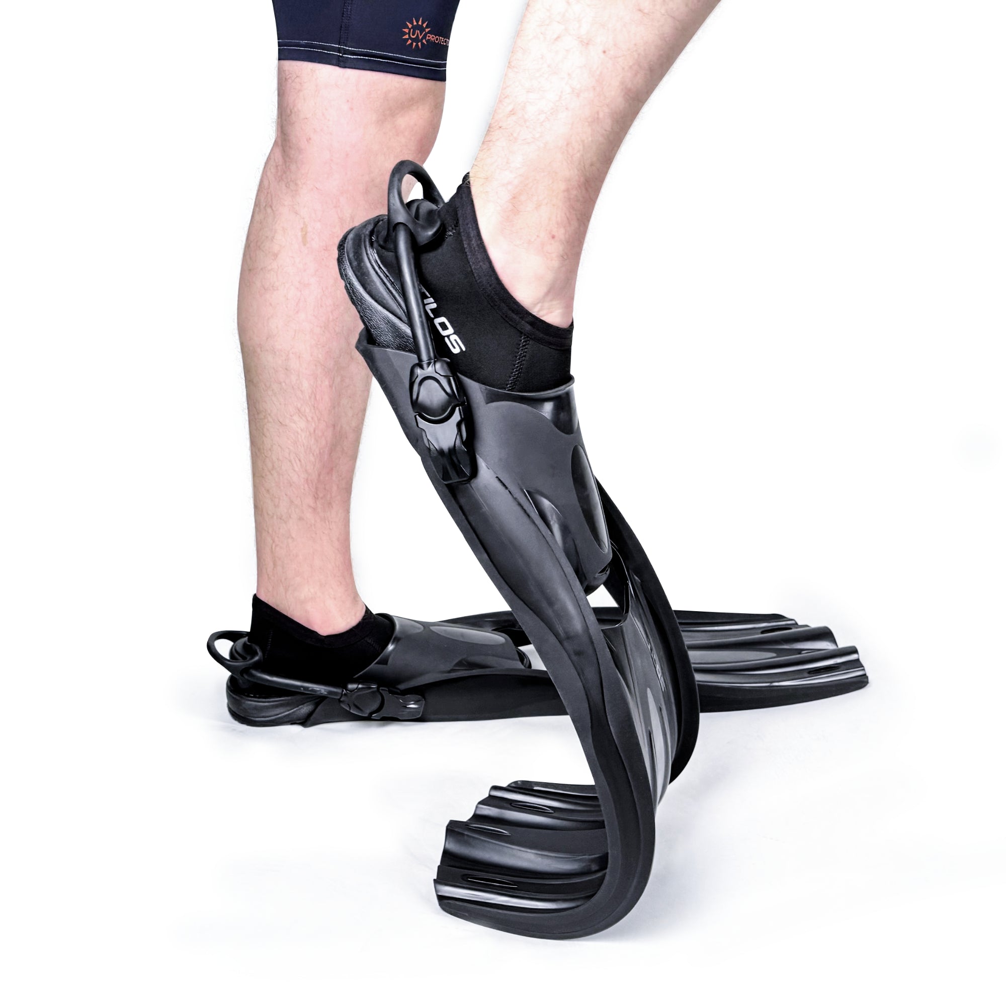 Tilos Forager Open Heel Diving Fins in black — open heel fin, front view showing blade and foot pocket