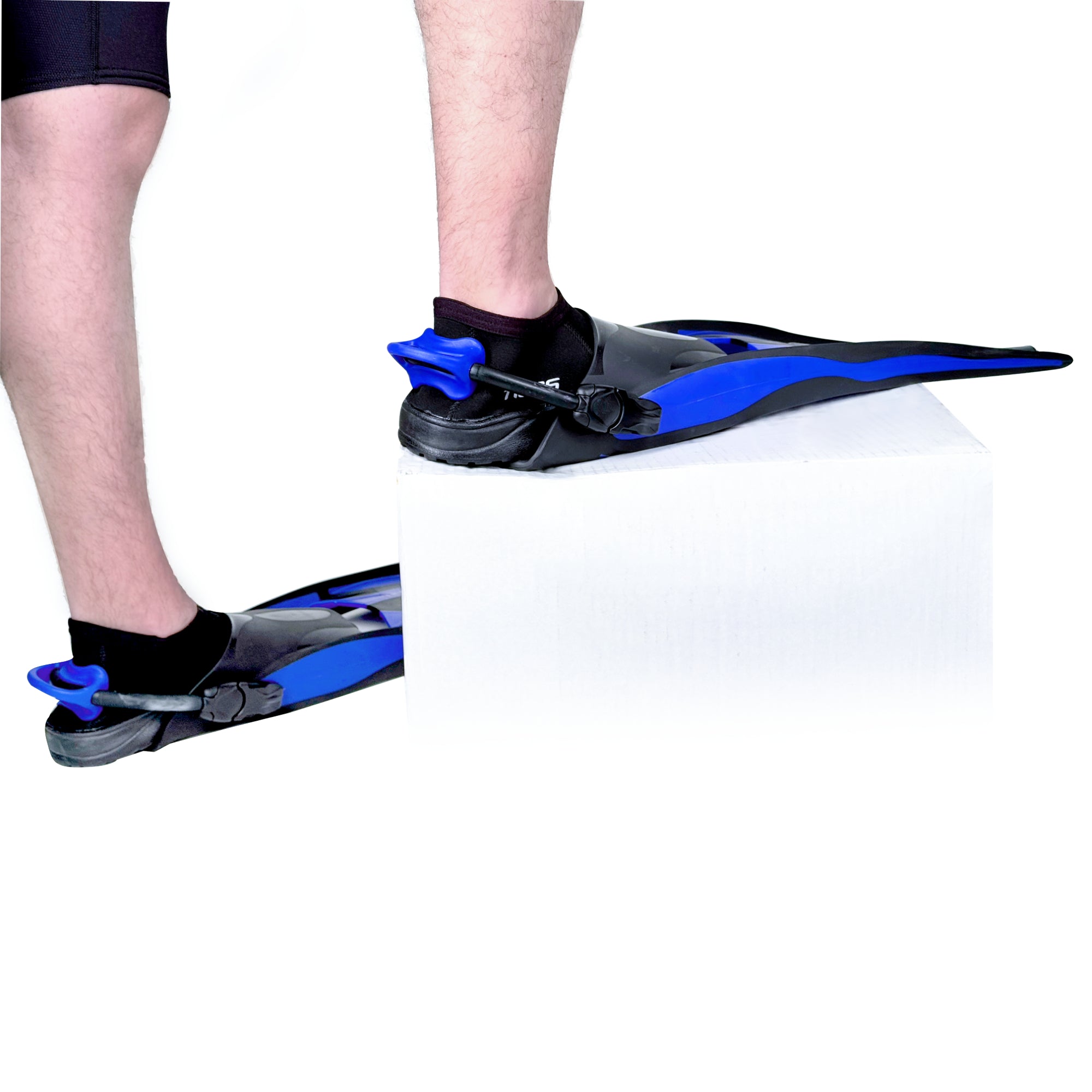 Tilos Forager Open Heel Diving Fins in blue — side view showing blade profile
