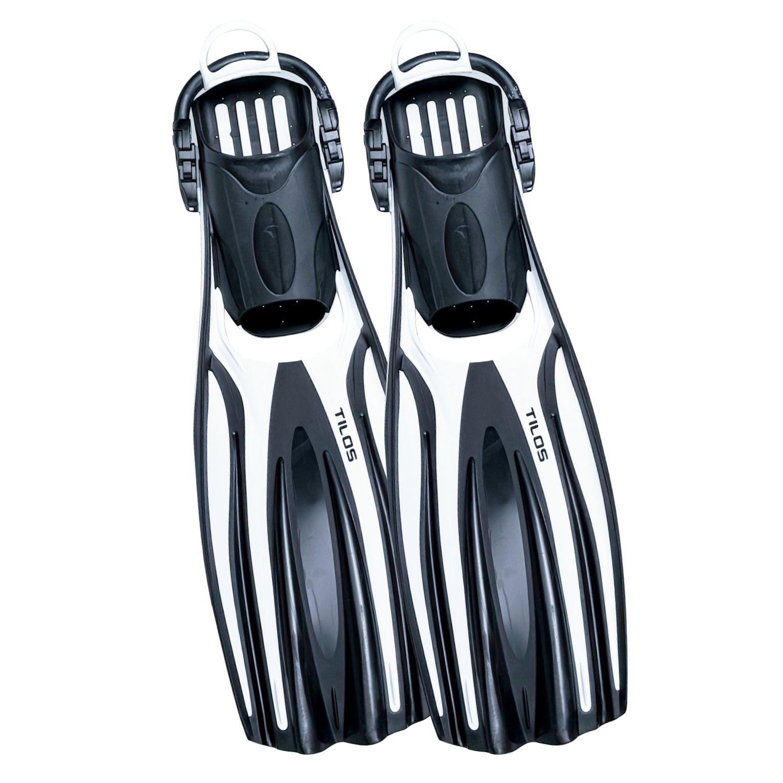 Tilos Forager Open Heel Diving Fins in white — open heel fin, front view showing blade and foot pocket