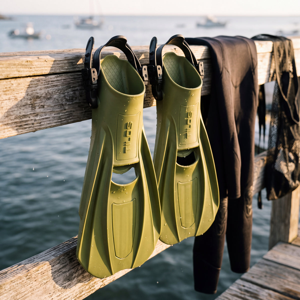 Lifestyle photo of olive green Tilos Technix open heel travel fins hanging to dry on a wooden dock rail after a dive