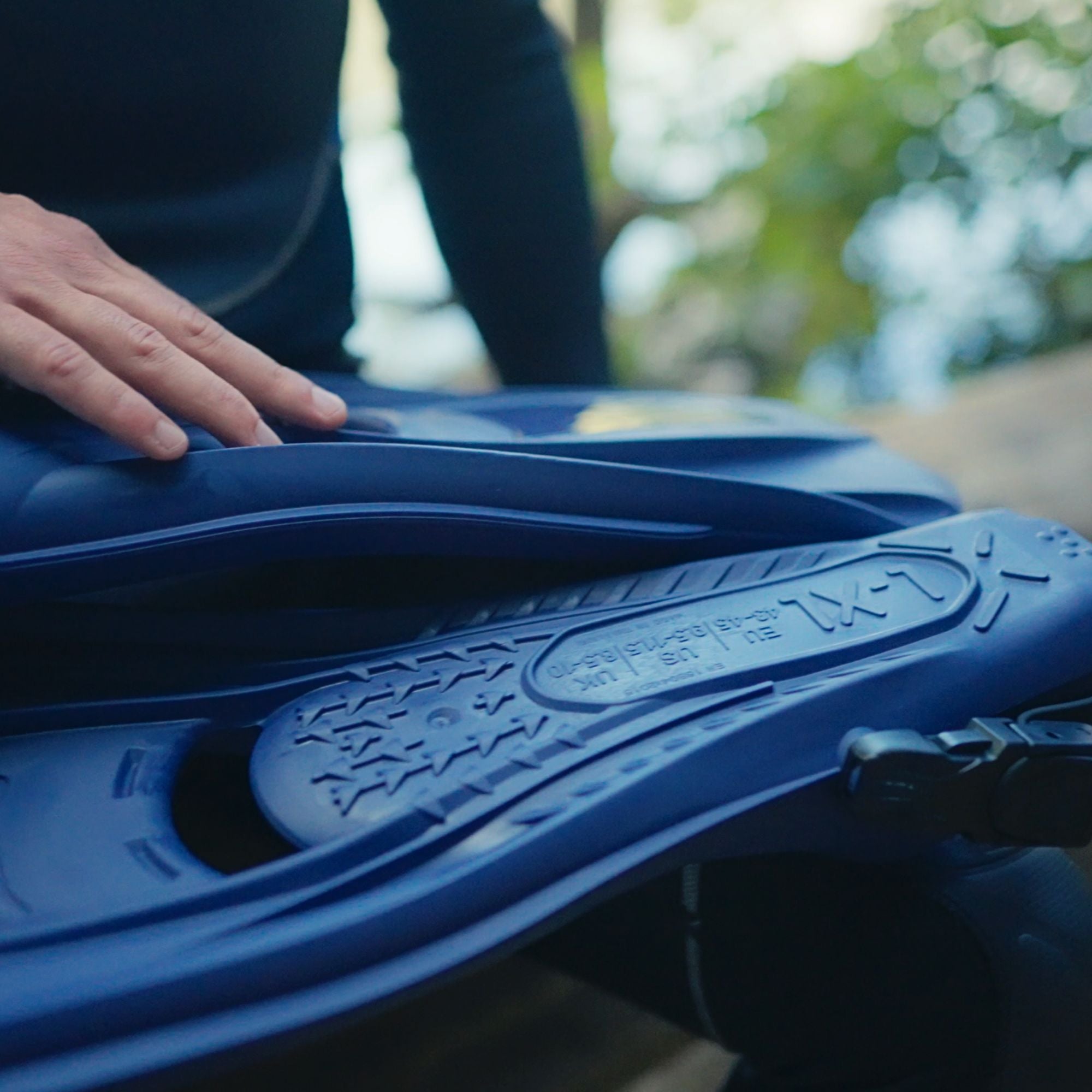 Tilos Technix Open Heel Travel Fins — open heel fin, front view showing blade and foot pocket