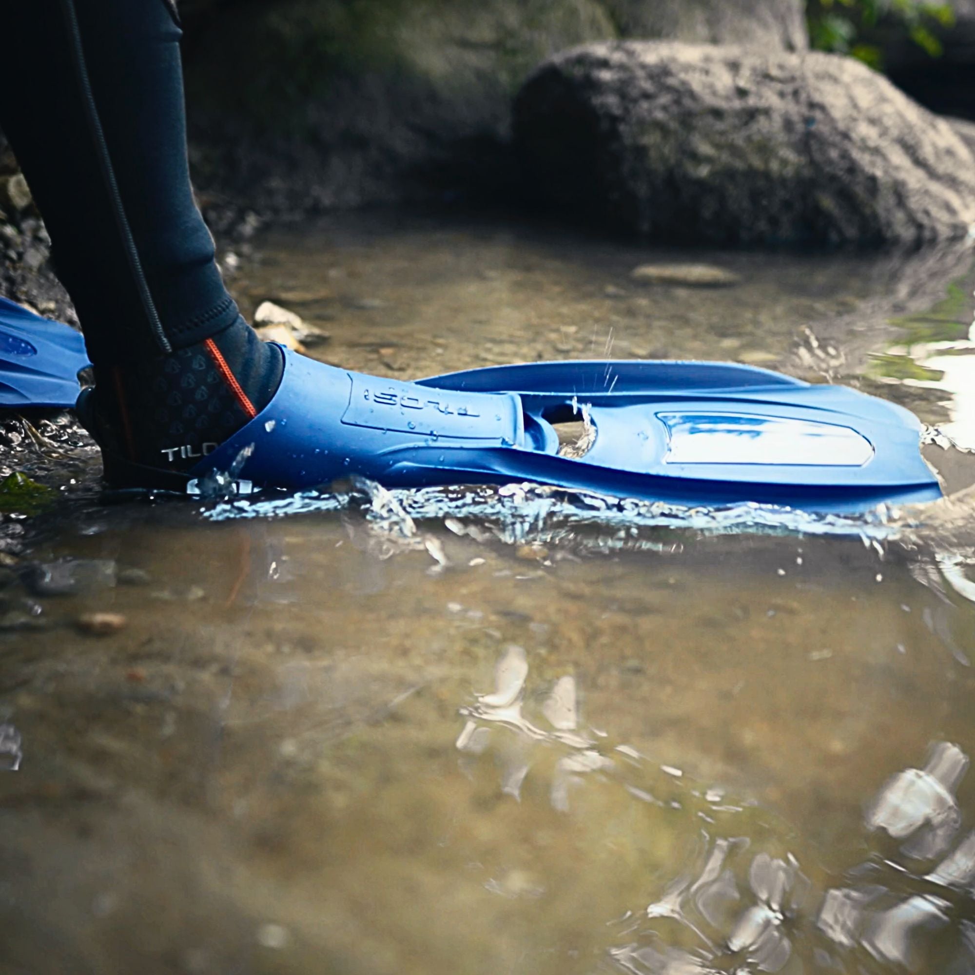 Tilos Technix Open Heel Travel Fins — side view showing blade profile