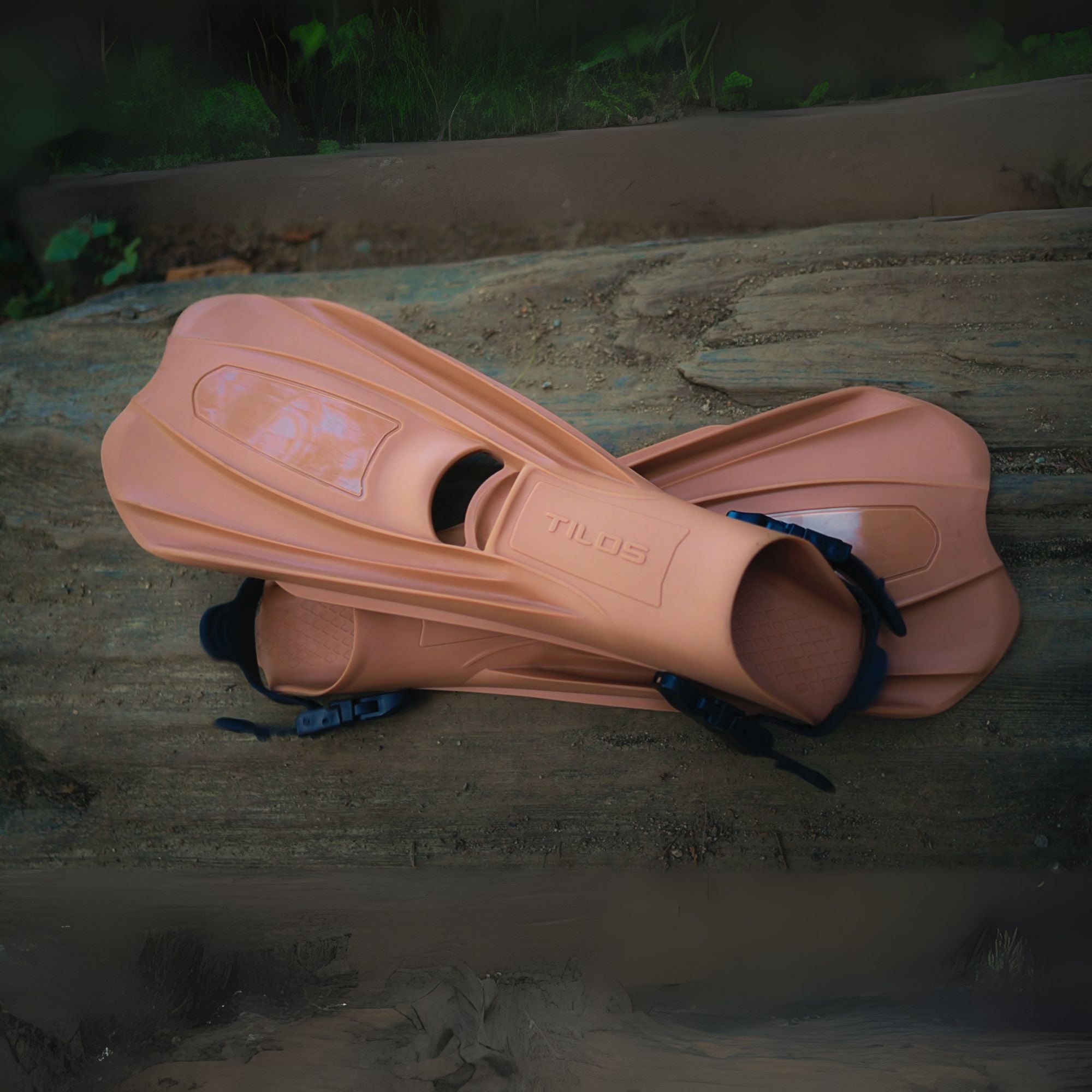Tilos Technix Open Heel Travel Fins — open heel fin, front view showing blade and foot pocket