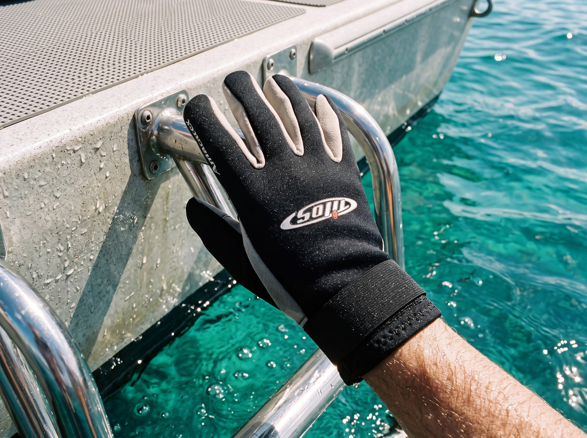 Snorkeler in a Tilos 1.5mm Tropical-X Neoprene Glove gripping a stainless dive-boat ladder rail at the waterline