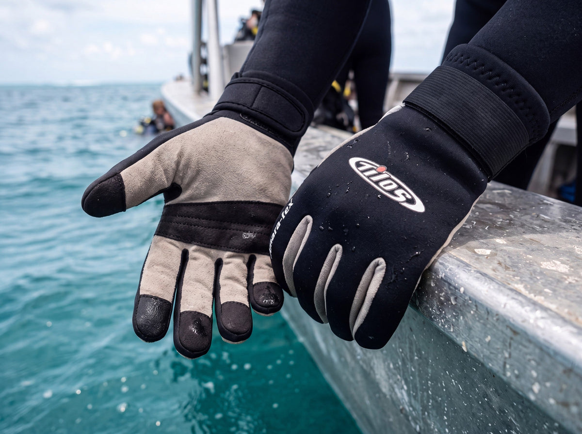 Both hands in Tilos 1.5mm Tropical-X Neoprene Gloves resting over a wet boat gunwale, showing palm grip and back of hand