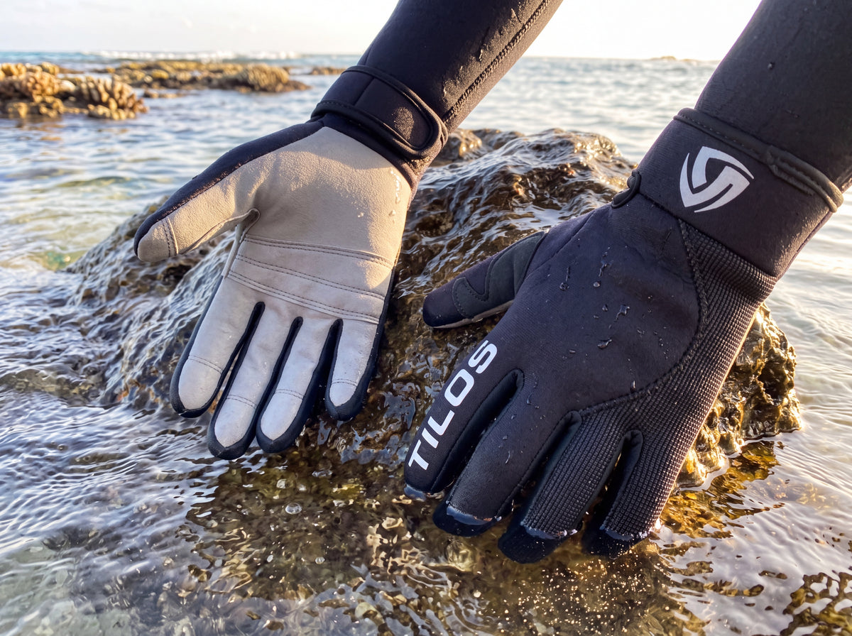 A scuba diver steadies a gloved hand on a wet rock at the edge of clear tropical shallows during shore entry, wearing black Tilos 1.5mm Tropical-X Mesh gloves with the white TILOS wordmark running up the index side of the back of the hand.
