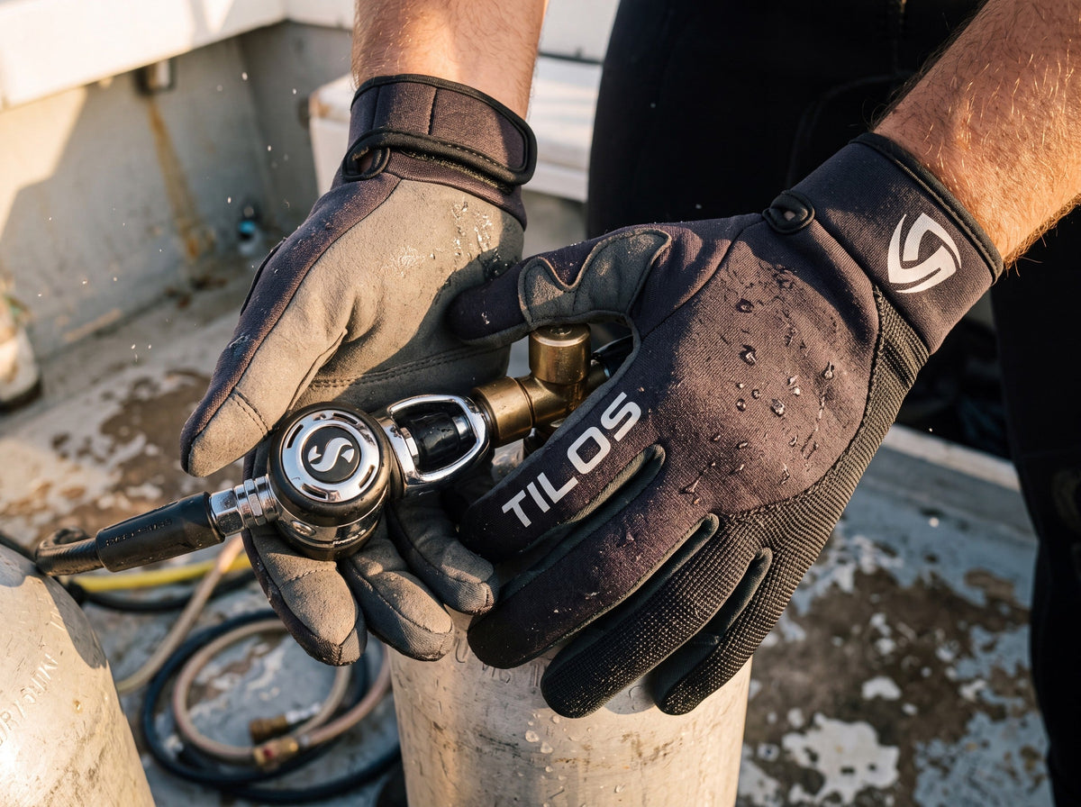 Hands in black Tilos 1.5mm Tropical-X Mesh Gloves cupped around a scuba tank valve and first stage on deck