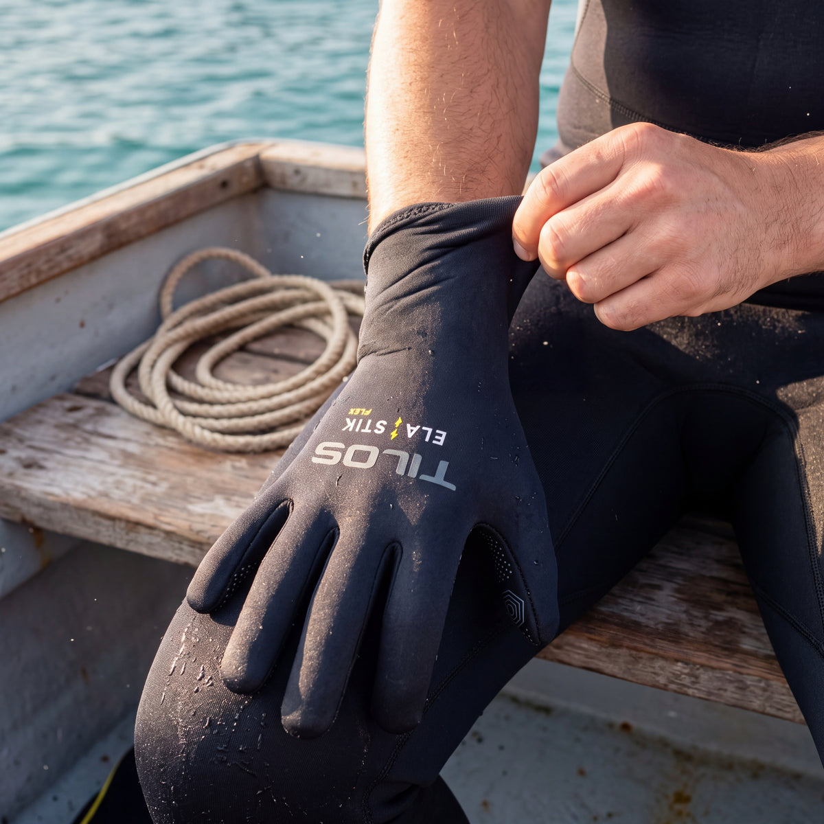 Diver wearing black Tilos 2mm Elastik SuperStretch gloves sitting on a dive boat bench after a dive, peeling back the glove cuff
