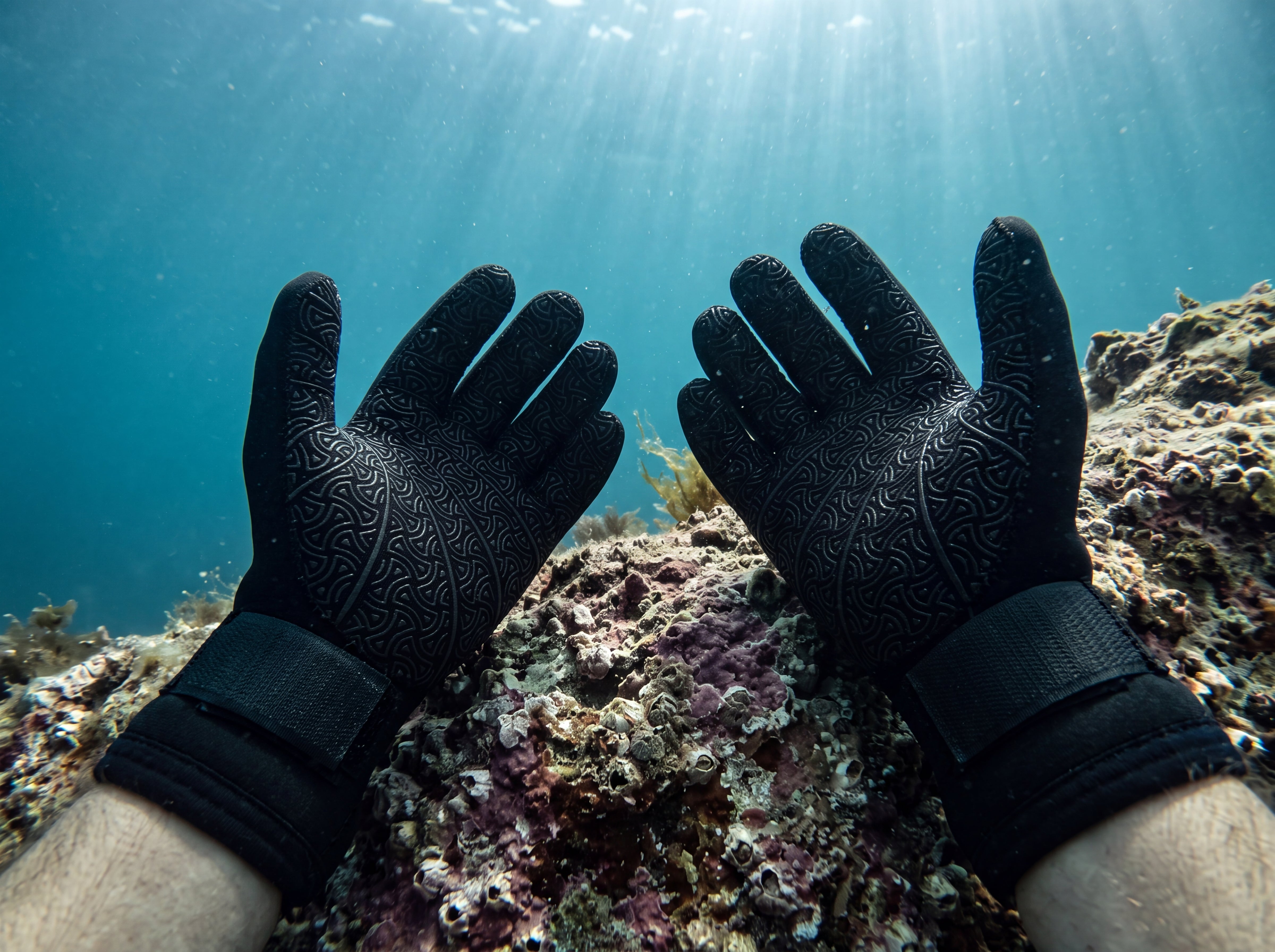 Palm/grip side of black Tilos 5mm Titanium dive gloves showing the celtic-knot anti-slip grip, diver steadying on a reef